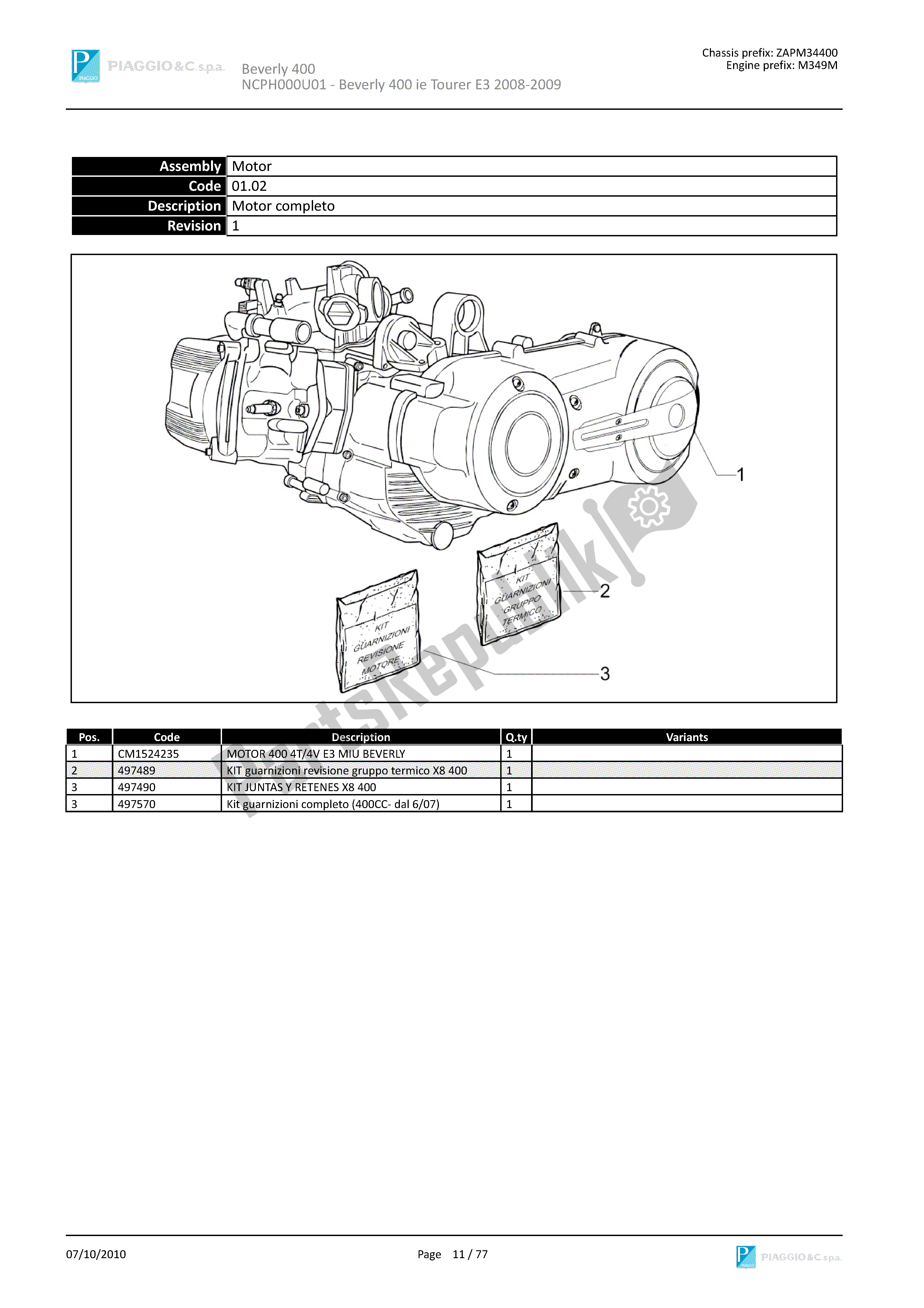 Todas las partes para Motor Completo de Piaggio Beverly 400 2008 - 2010