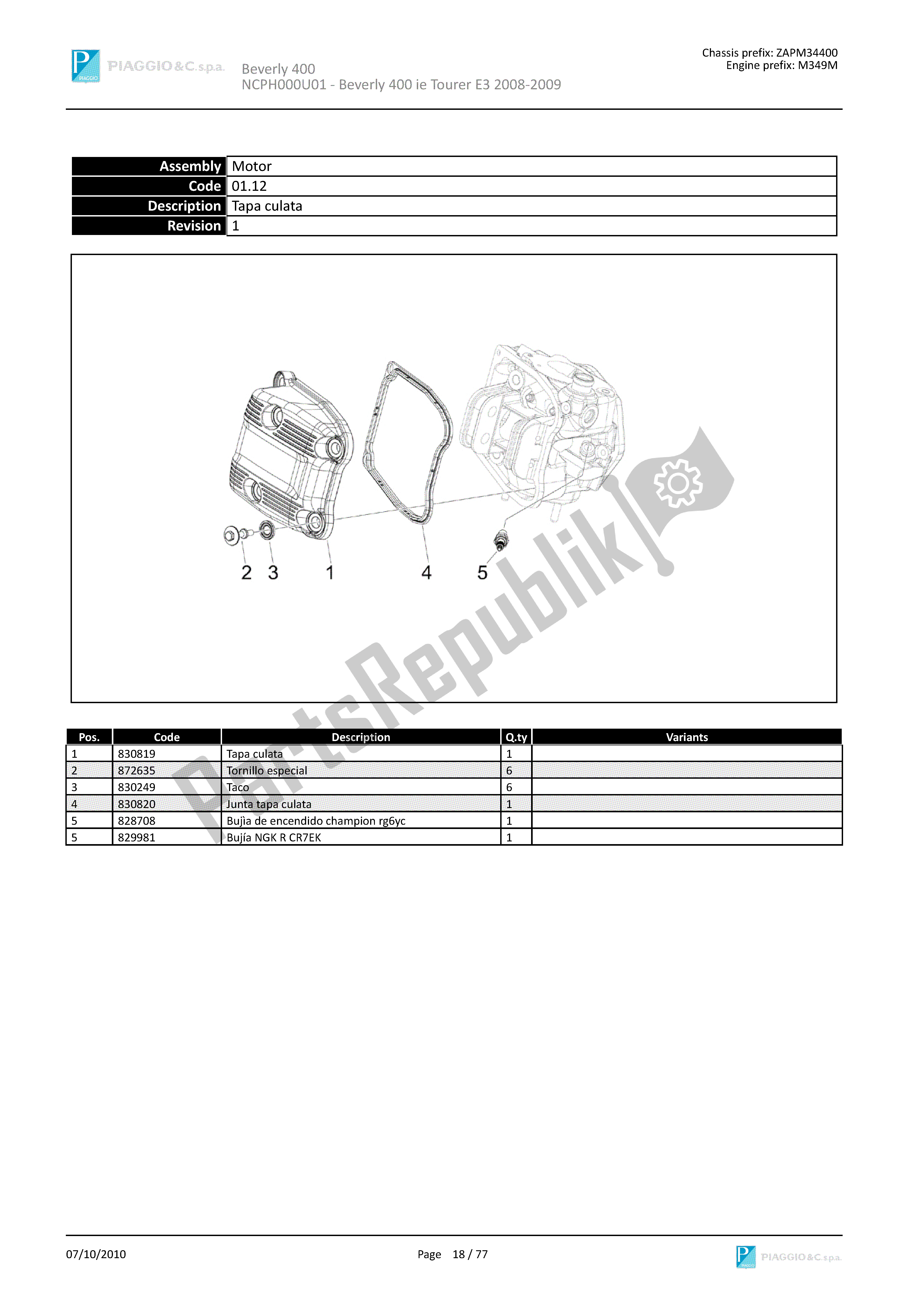 Todas las partes para Tapa Culata de Piaggio Beverly 400 2008 - 2010