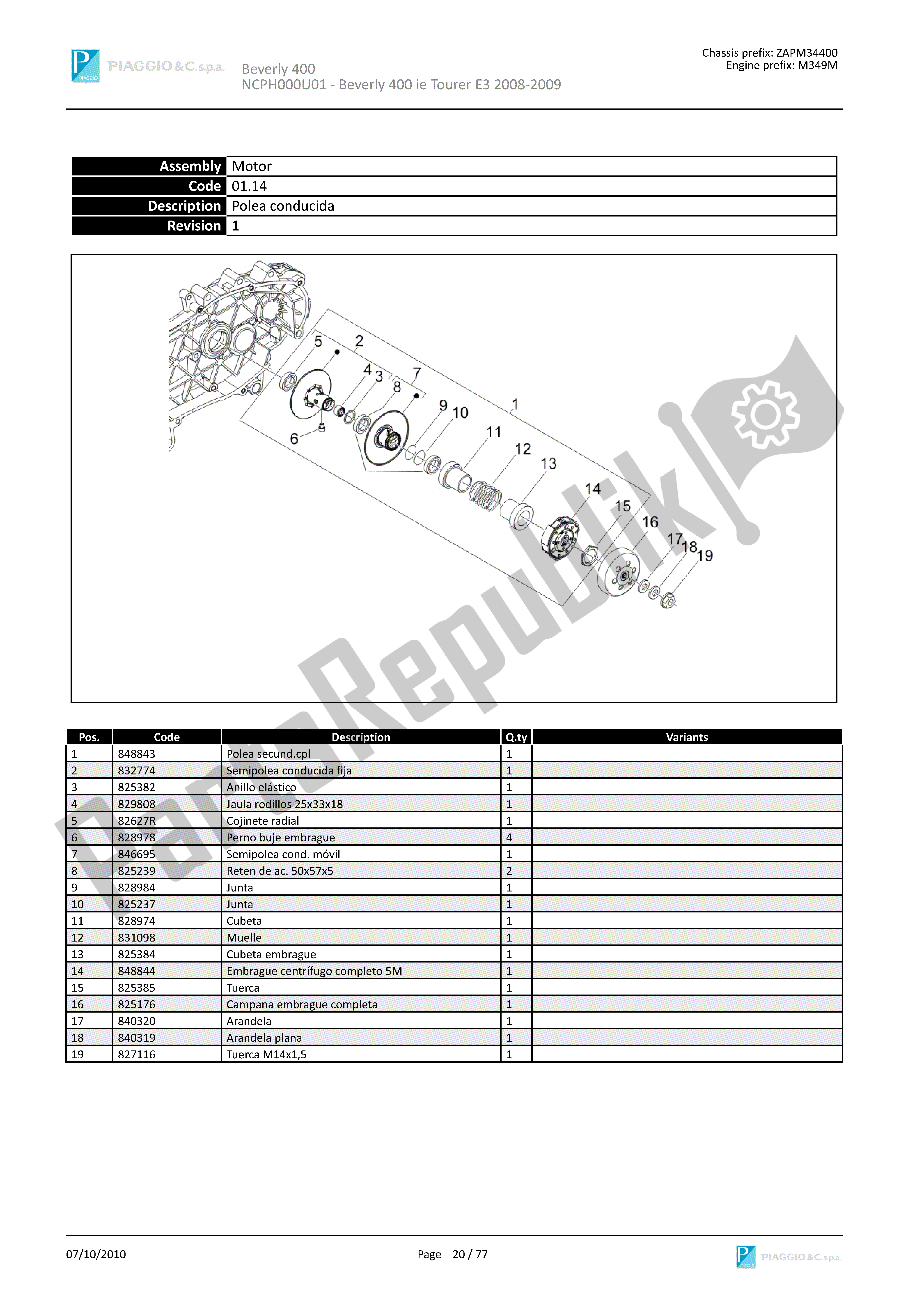 All parts for the Driven Pulley of the Piaggio Beverly 400 2008 - 2010