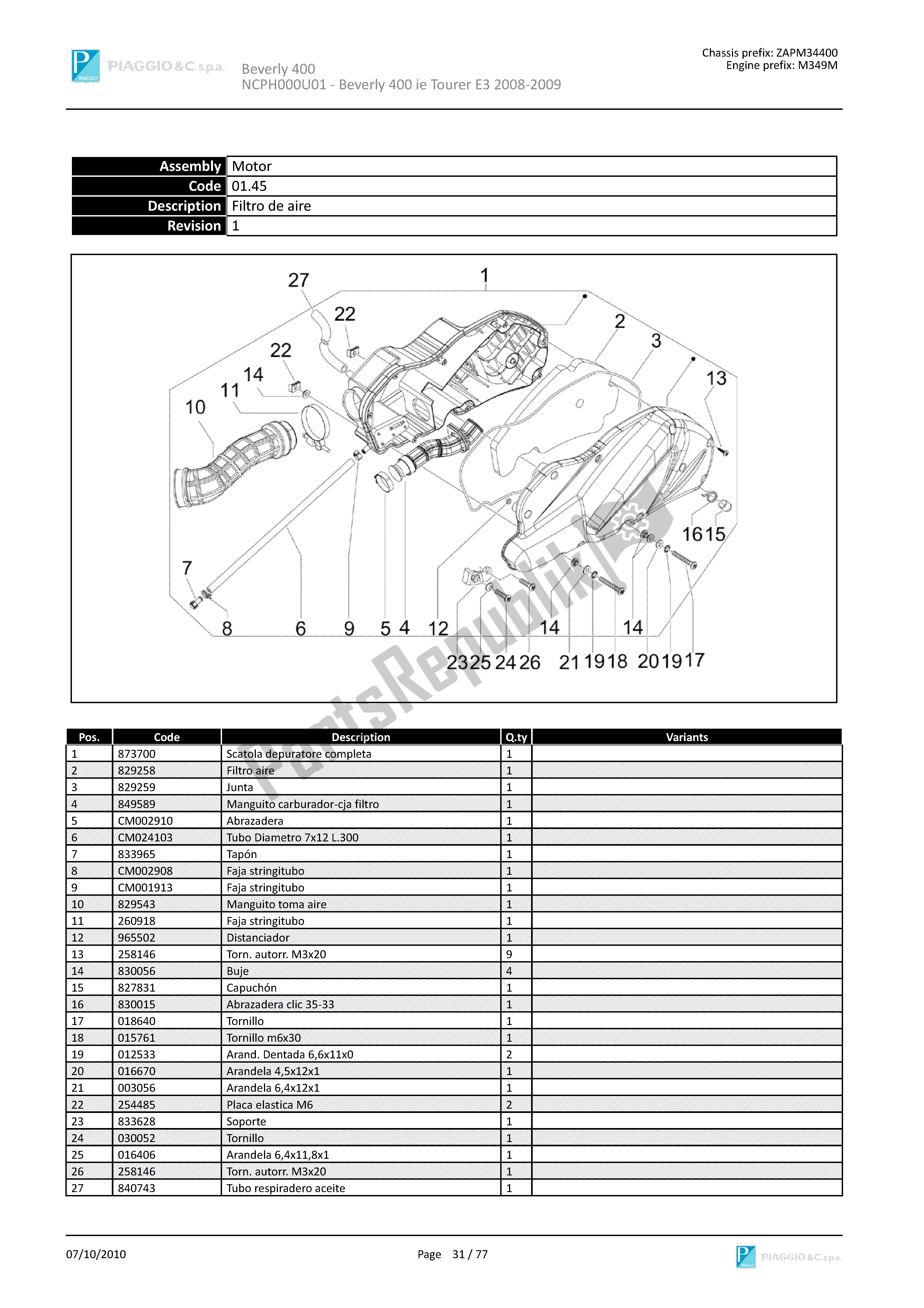 Todas las partes para Filtro De Aire de Piaggio Beverly 400 2008 - 2010