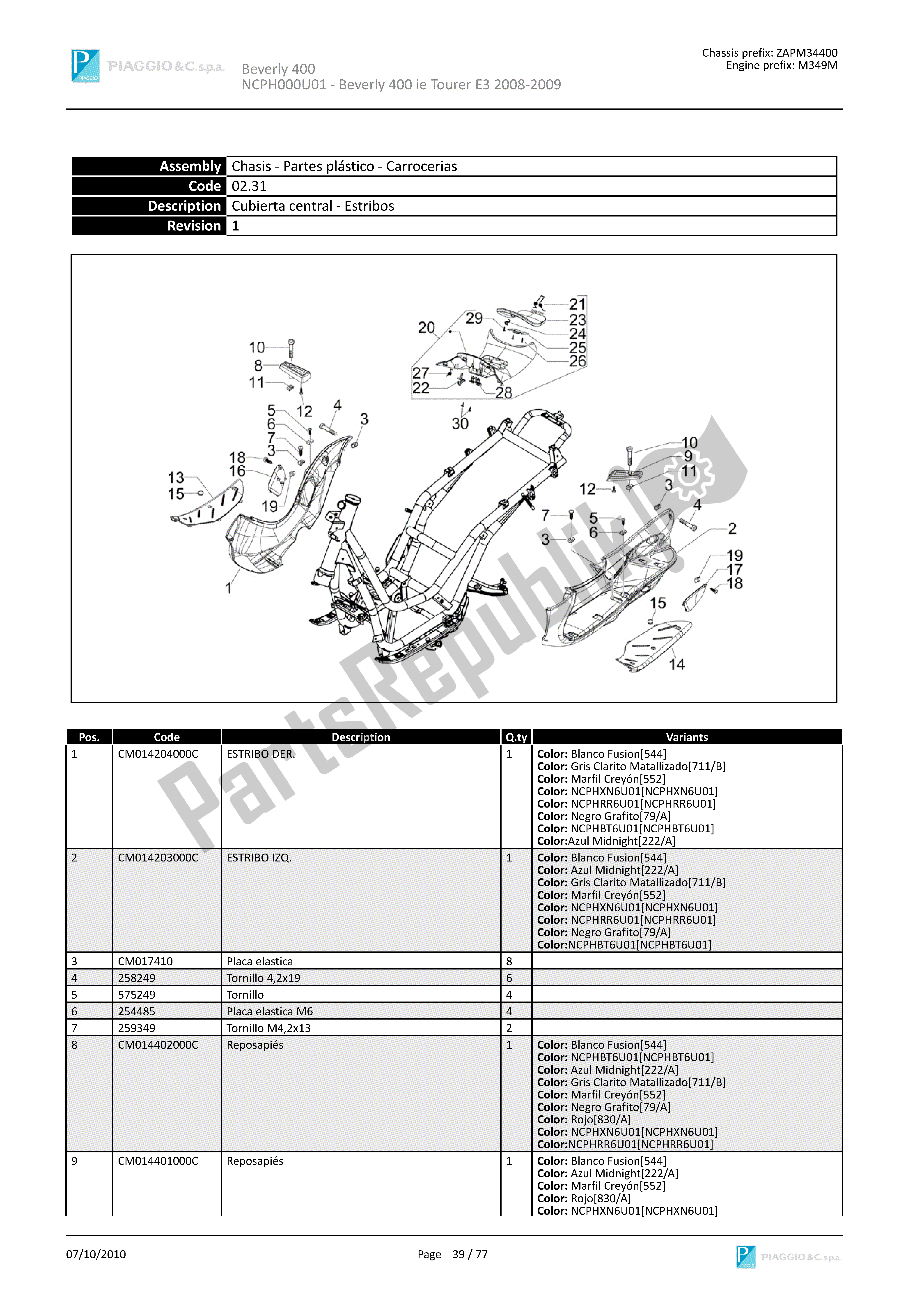 Todas las partes para Cubierta Central-estribos de Piaggio Beverly 400 2008 - 2010