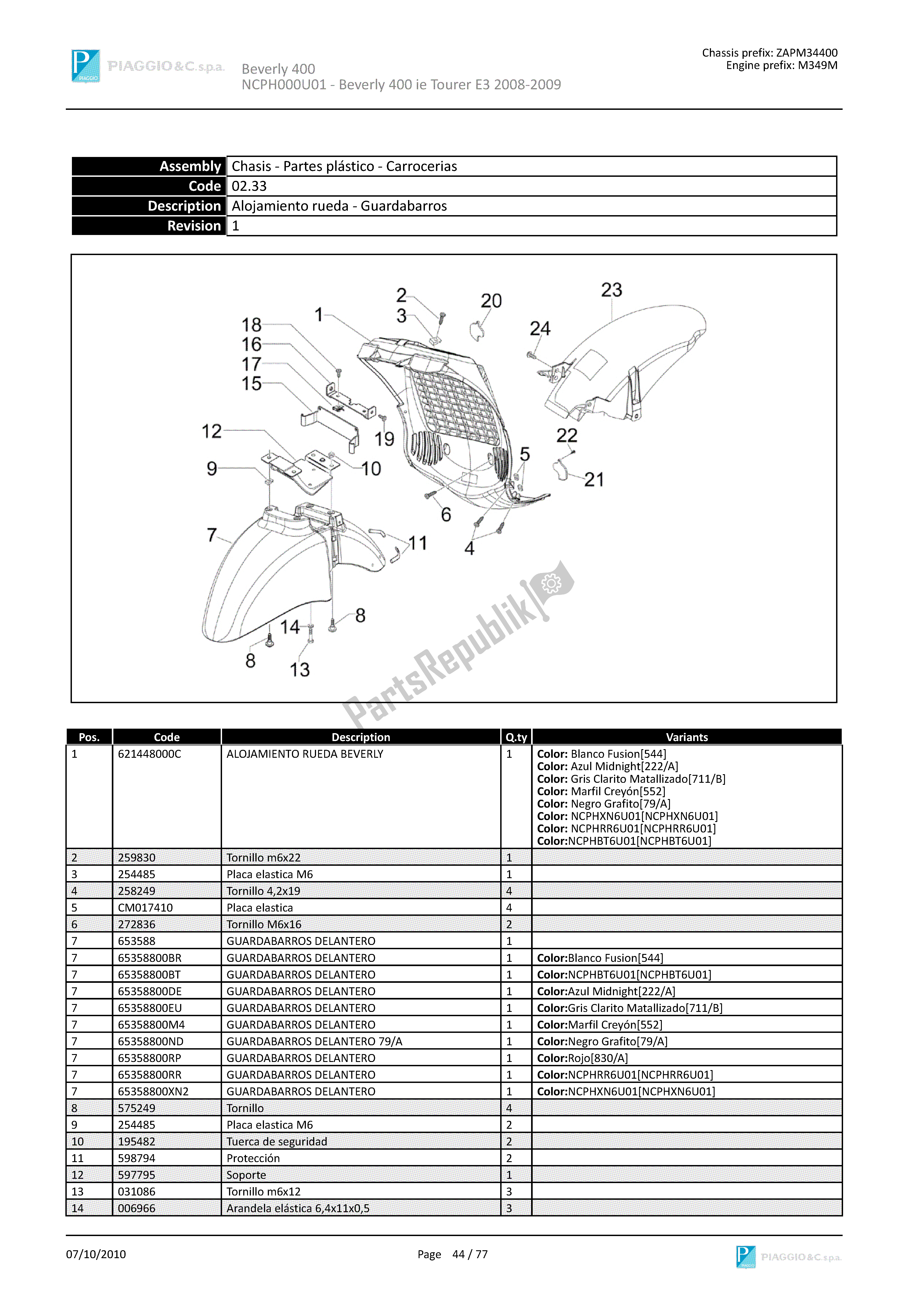 Todas las partes para Alojamiento Rueda-guardabarros de Piaggio Beverly 400 2008 - 2010