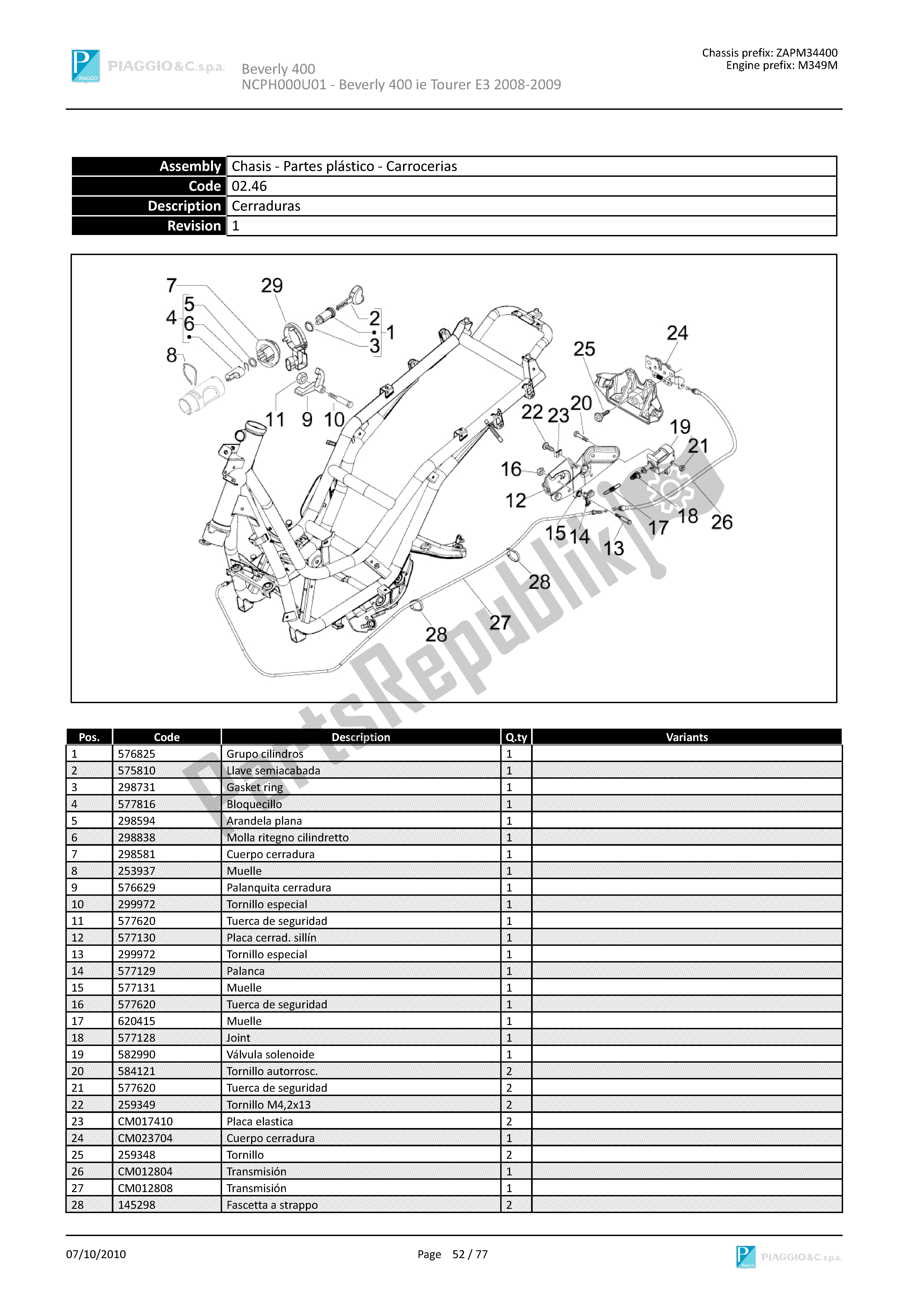 Todas as partes de Fechaduras do Piaggio Beverly 400 2008 - 2010