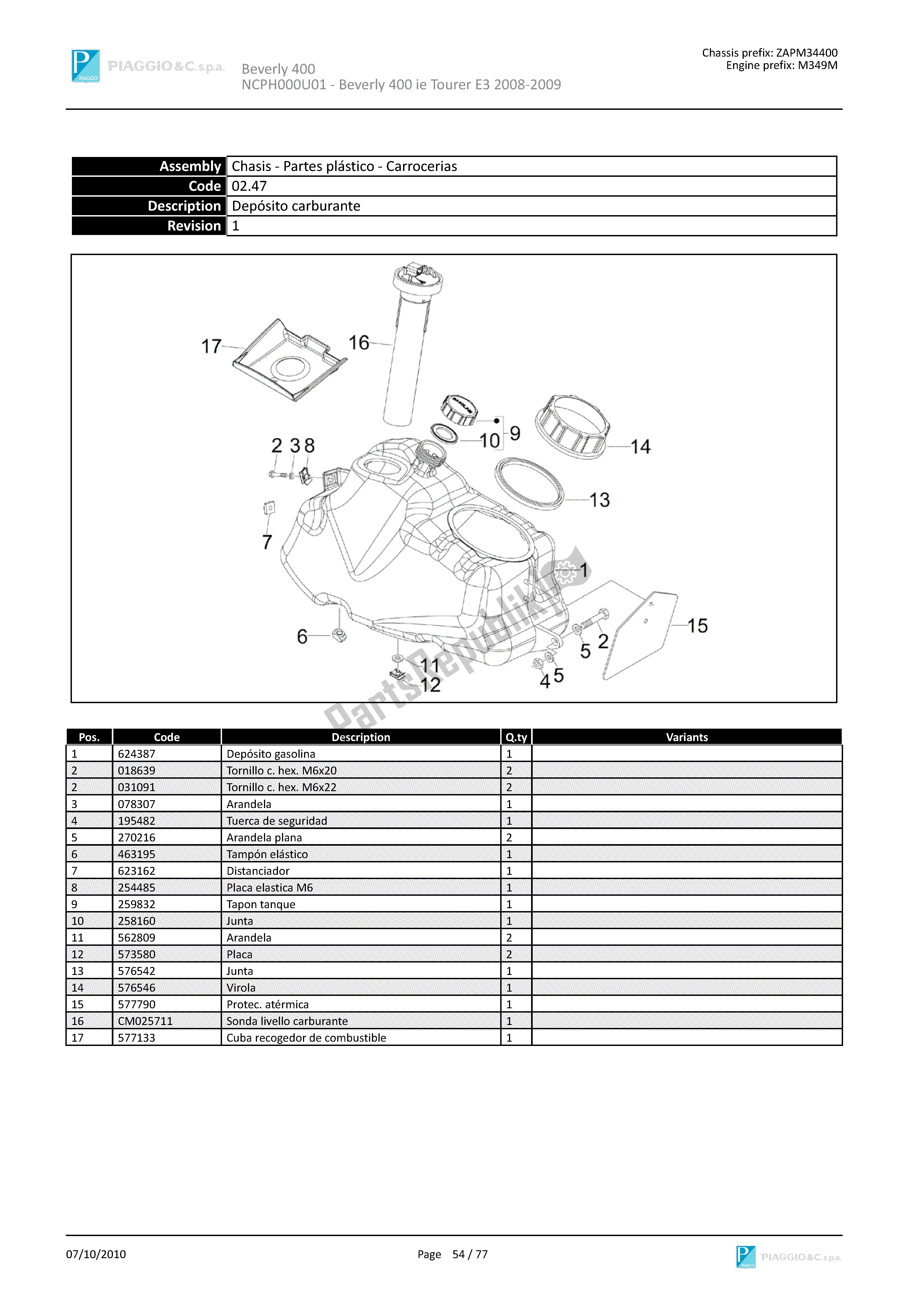 Tutte le parti per il Depósito Carburante del Piaggio Beverly 400 2008 - 2010