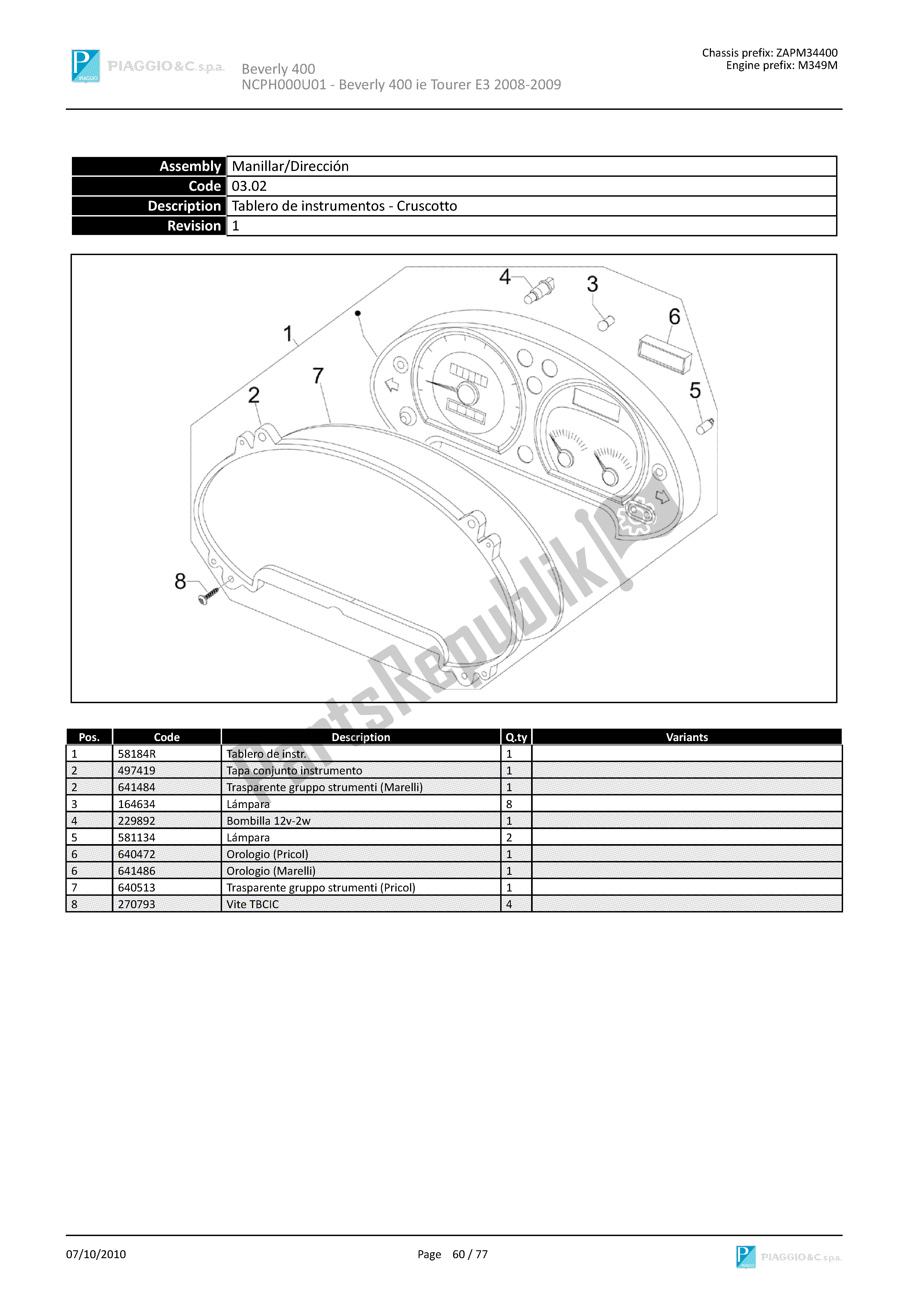 Todas las partes para Tablero De Instrumentos-cruscotto de Piaggio Beverly 400 2008 - 2010