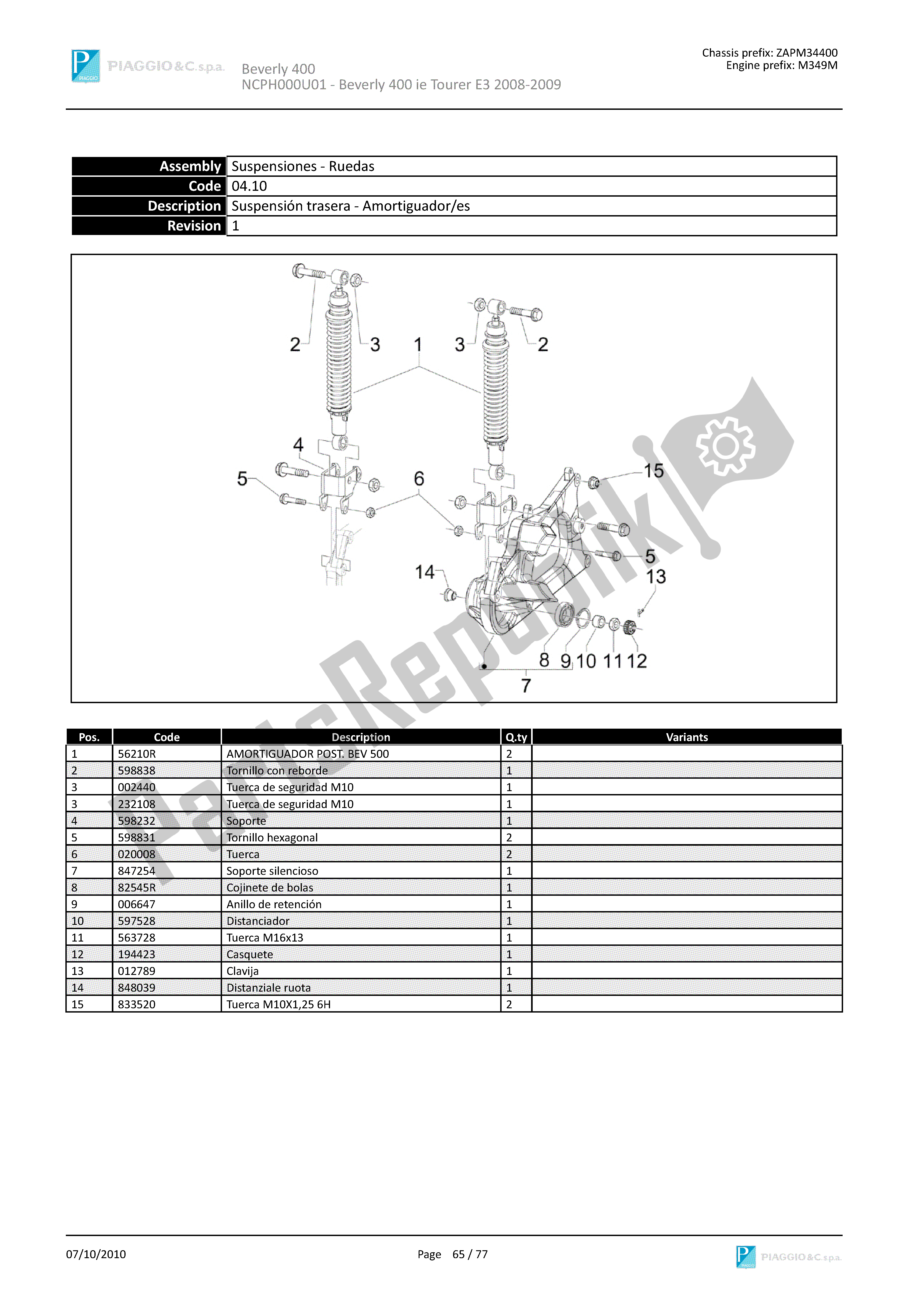 All parts for the Suspensión Trasera-amortiguador/es of the Piaggio Beverly 400 2008 - 2010