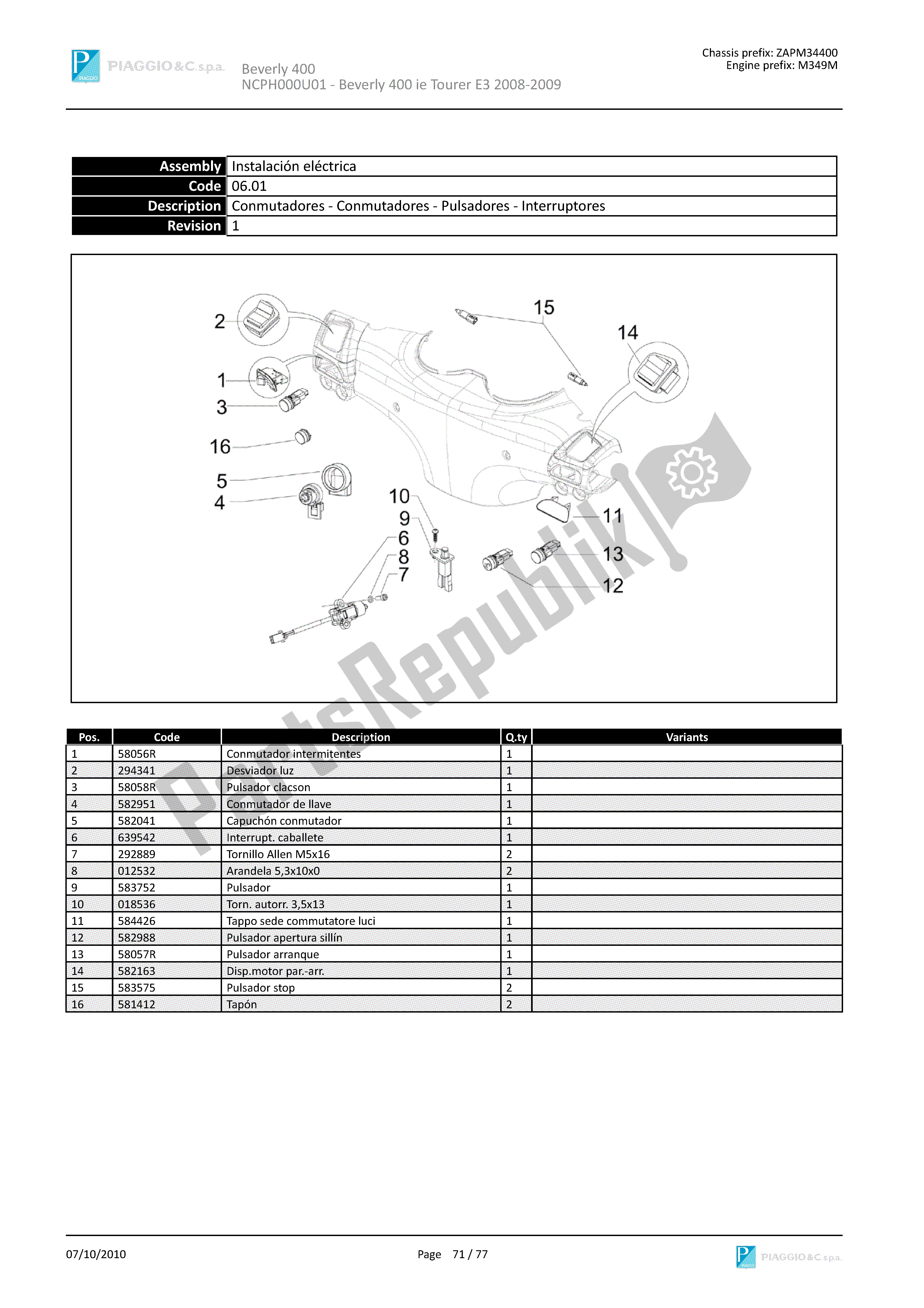 Todas las partes para Conmutadores-conmutadores-pulsadores-interruptores de Piaggio Beverly 400 2008 - 2010