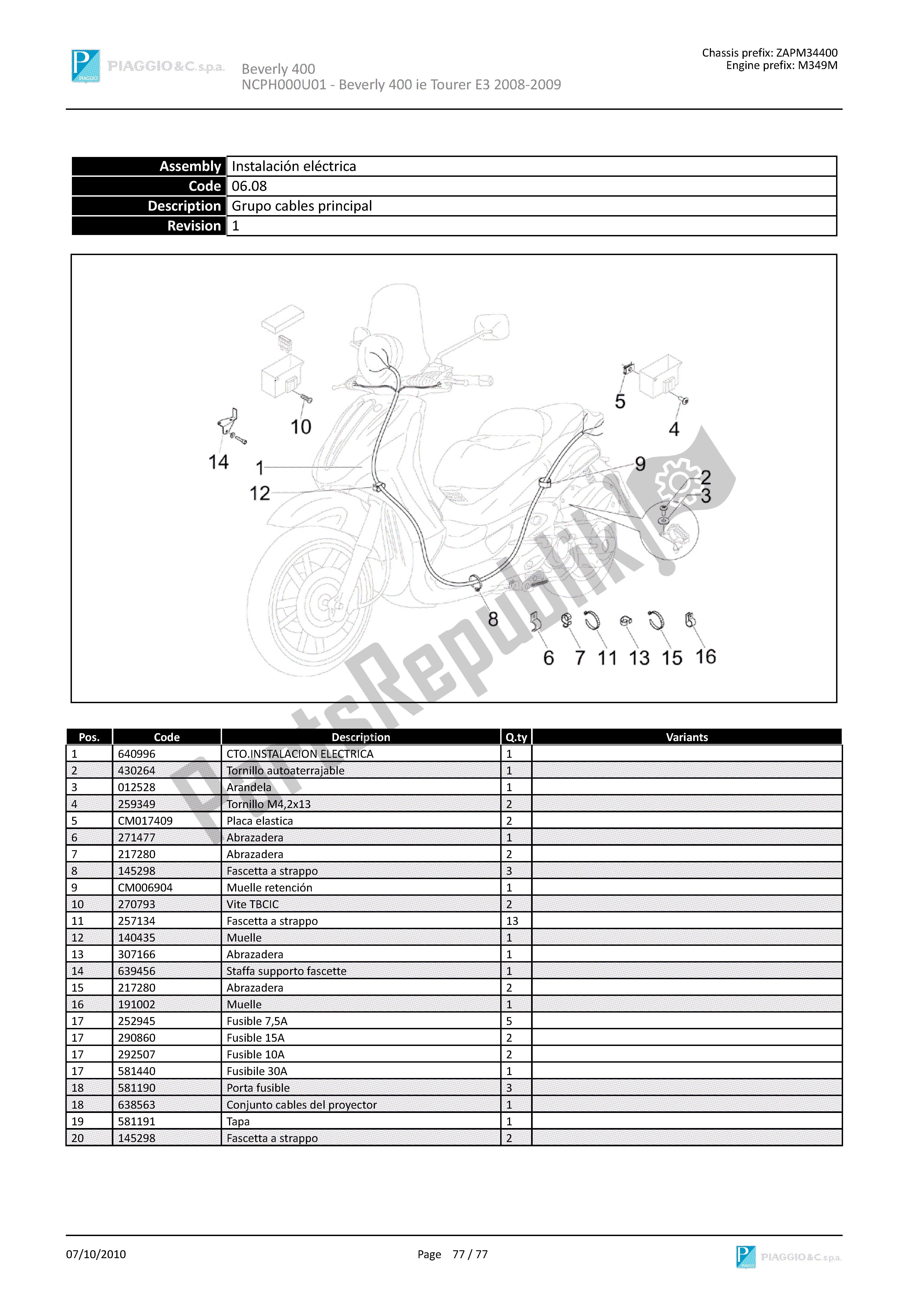 All parts for the Grupo Cables Principal of the Piaggio Beverly 400 2008 - 2010