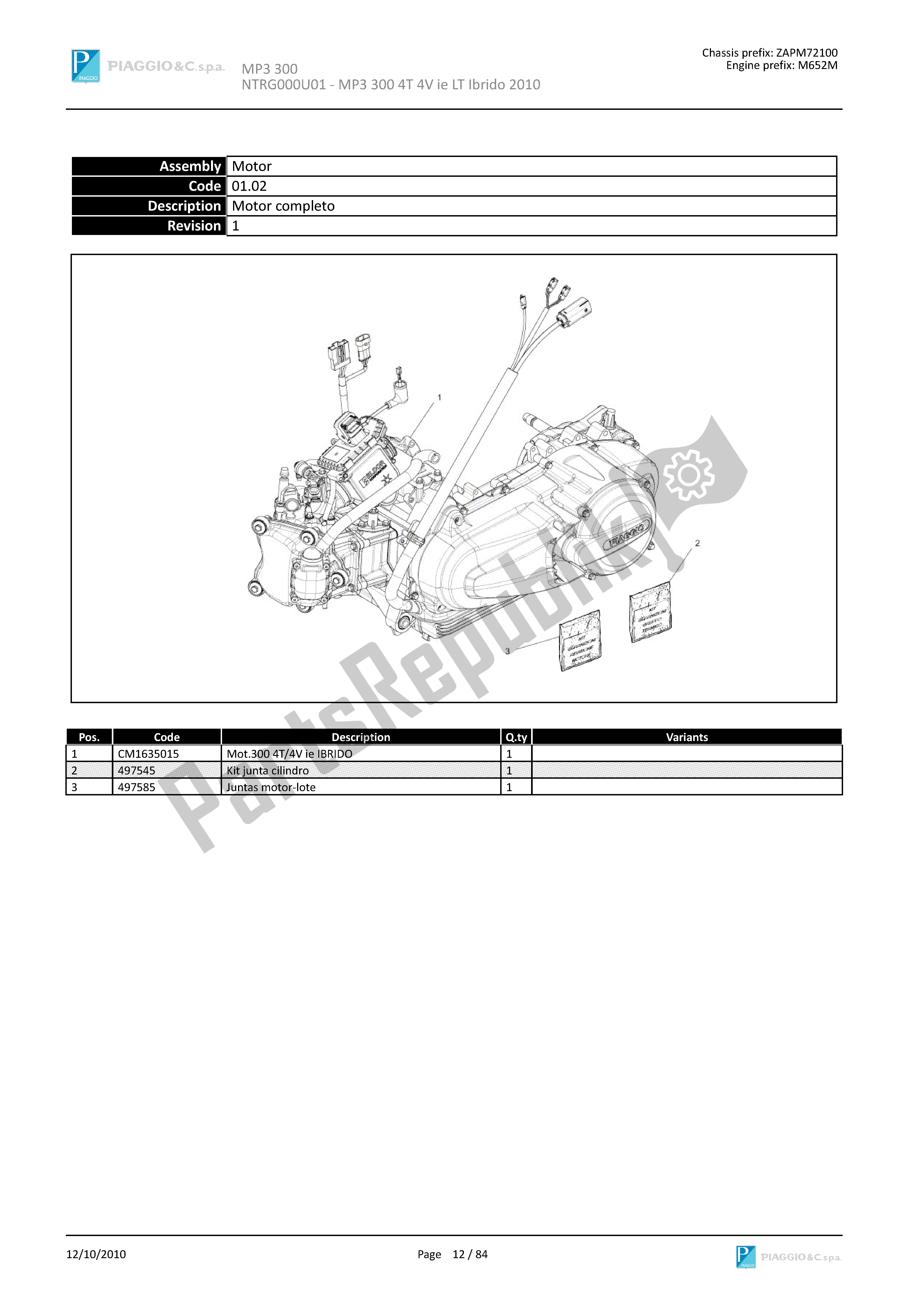 Wszystkie części do Motor Completo Piaggio MP3 300 2010 - 2011