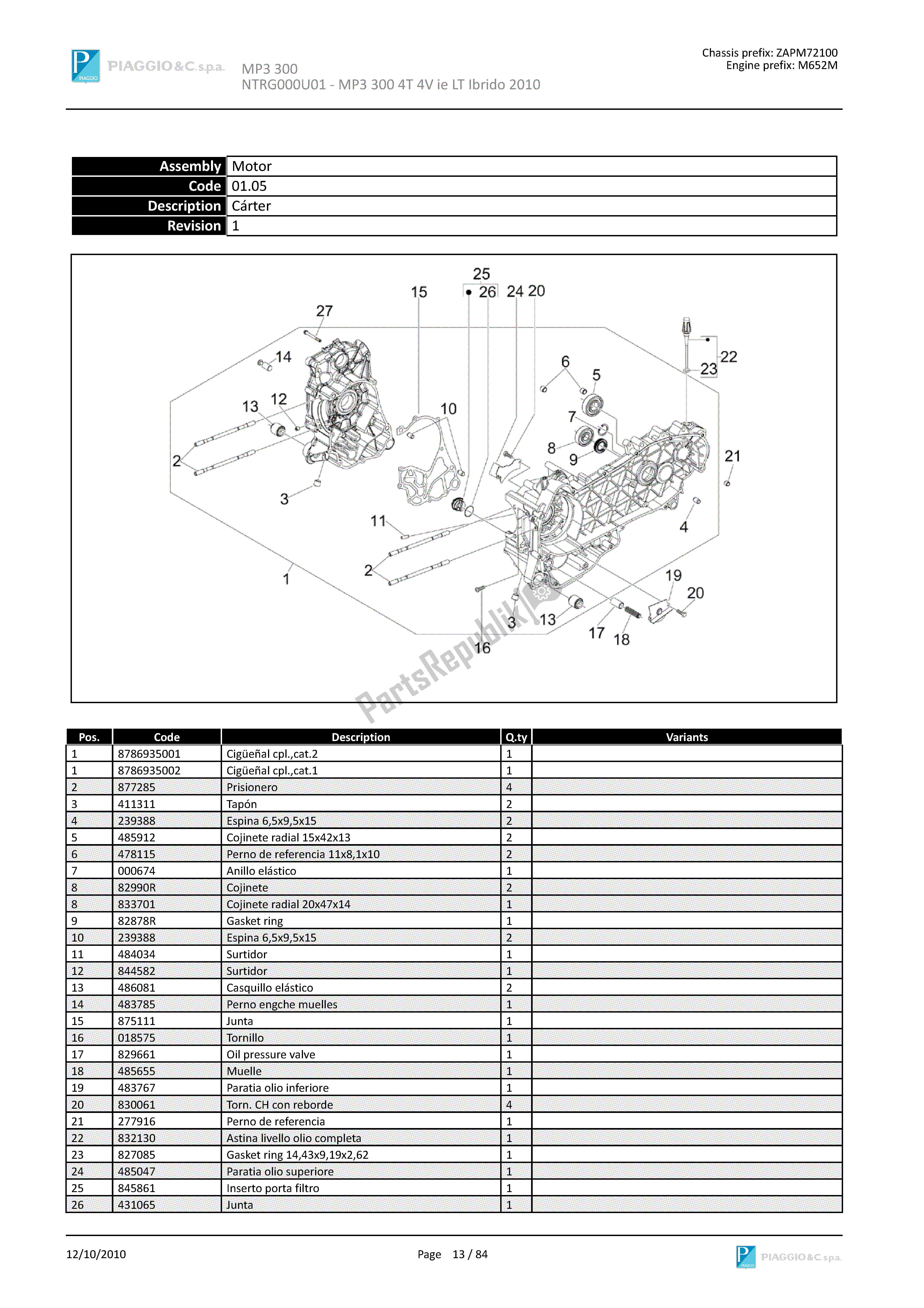 Todas las partes para Cárter de Piaggio MP3 300 2010 - 2011