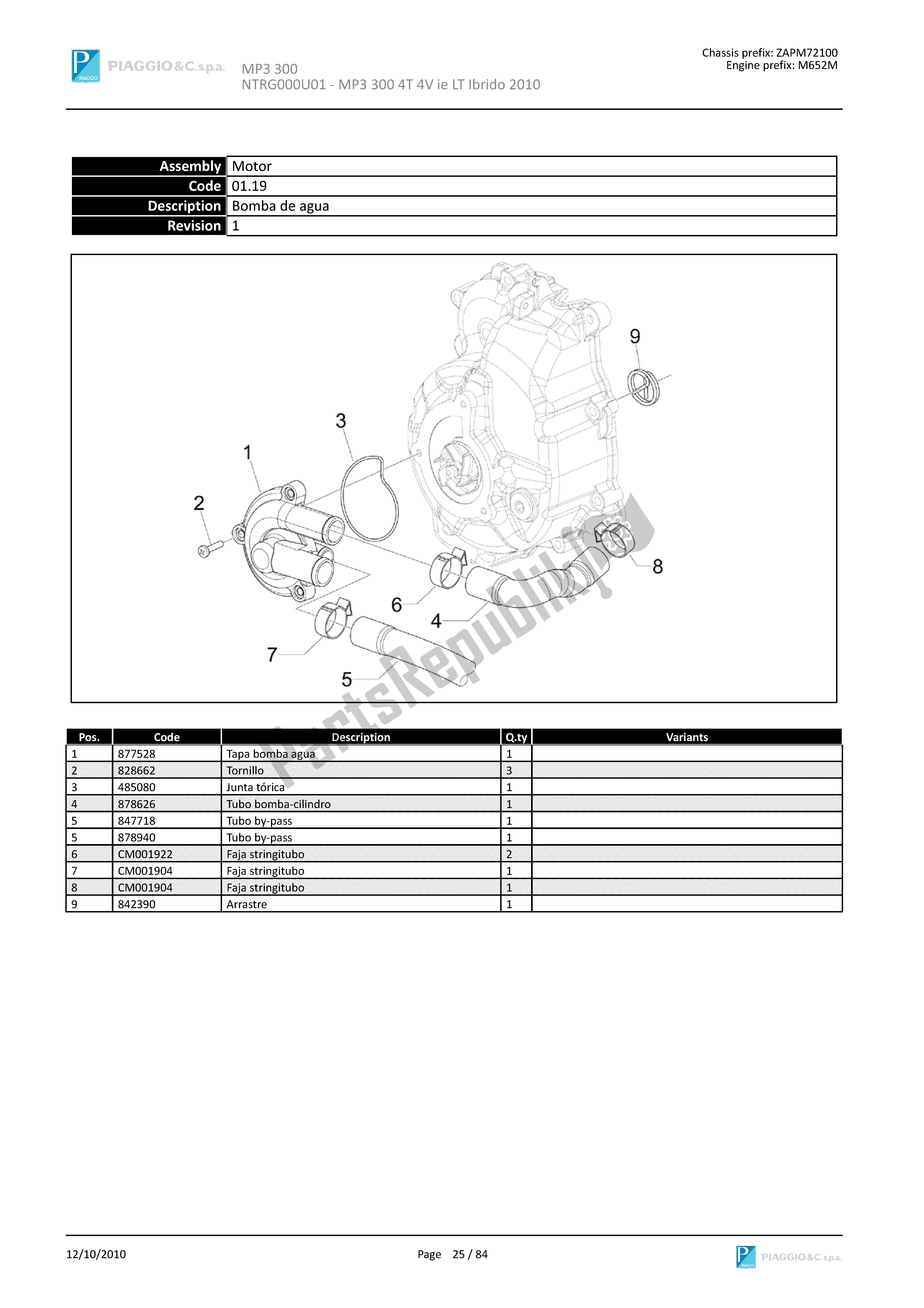 Todas las partes para Bomba De Agua de Piaggio MP3 300 2010 - 2011