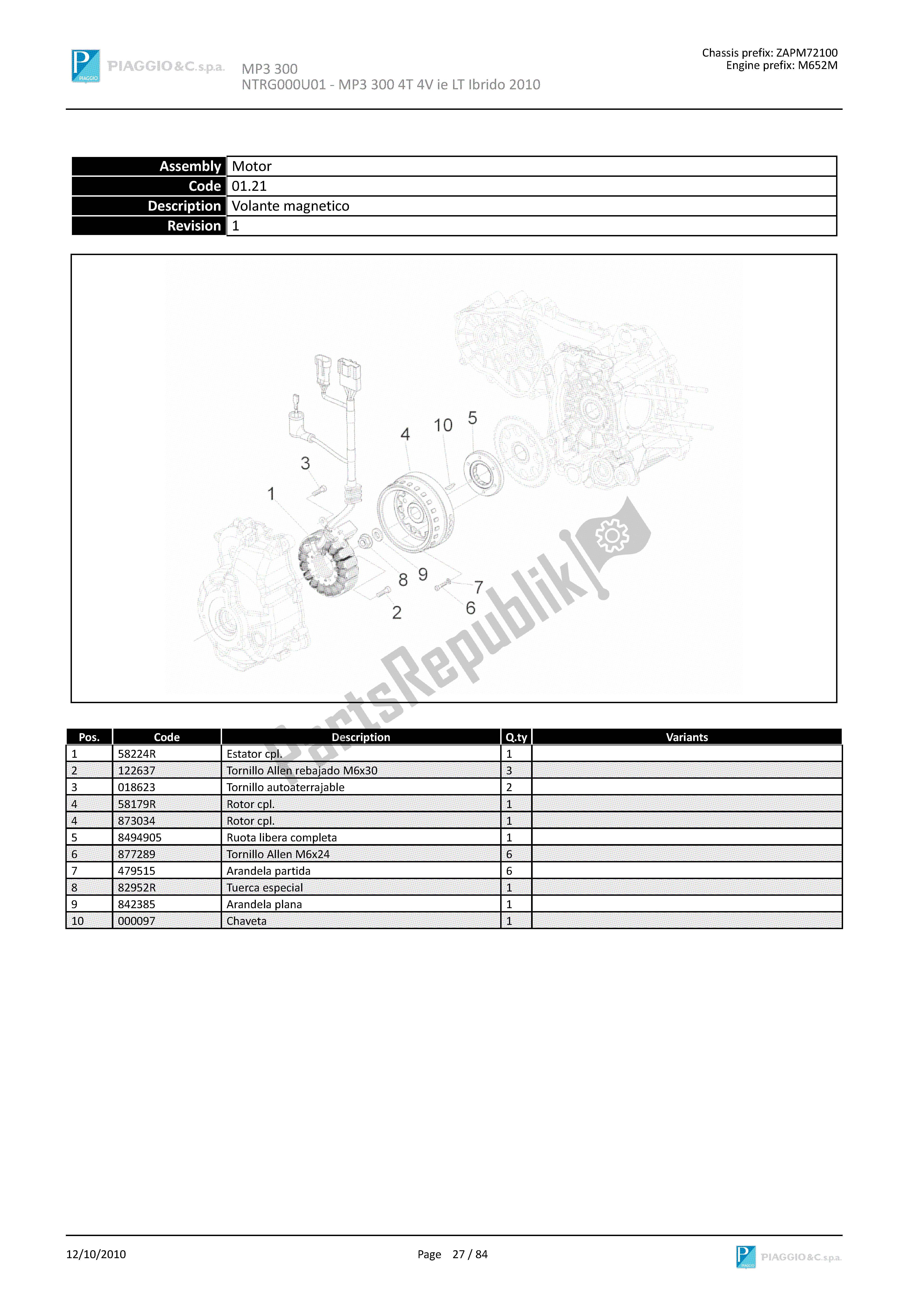 Toutes les pièces pour le Volant Magnetique du Piaggio MP3 300 2010 - 2011