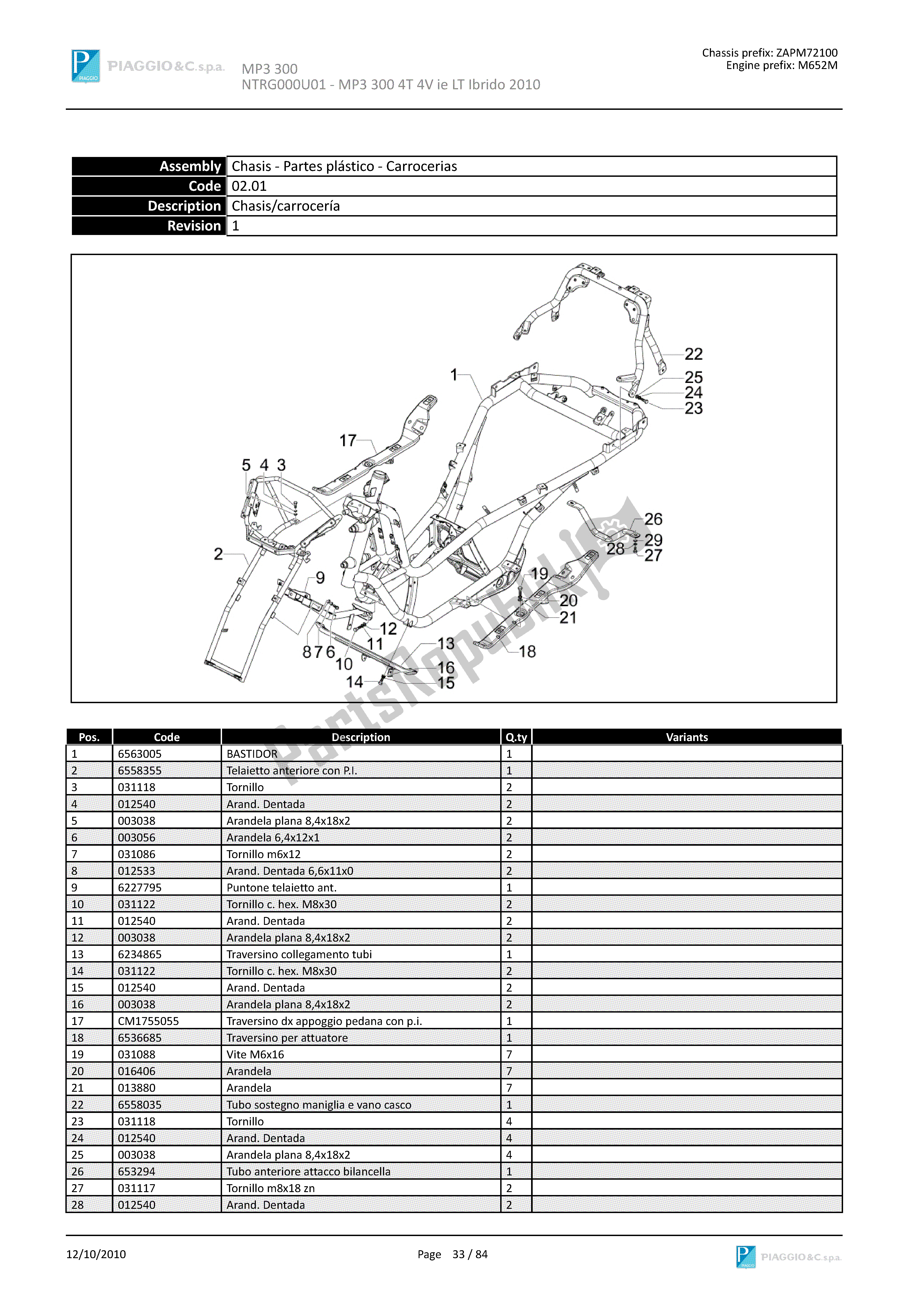 Todas las partes para Chasis/carrocería de Piaggio MP3 300 2010 - 2011