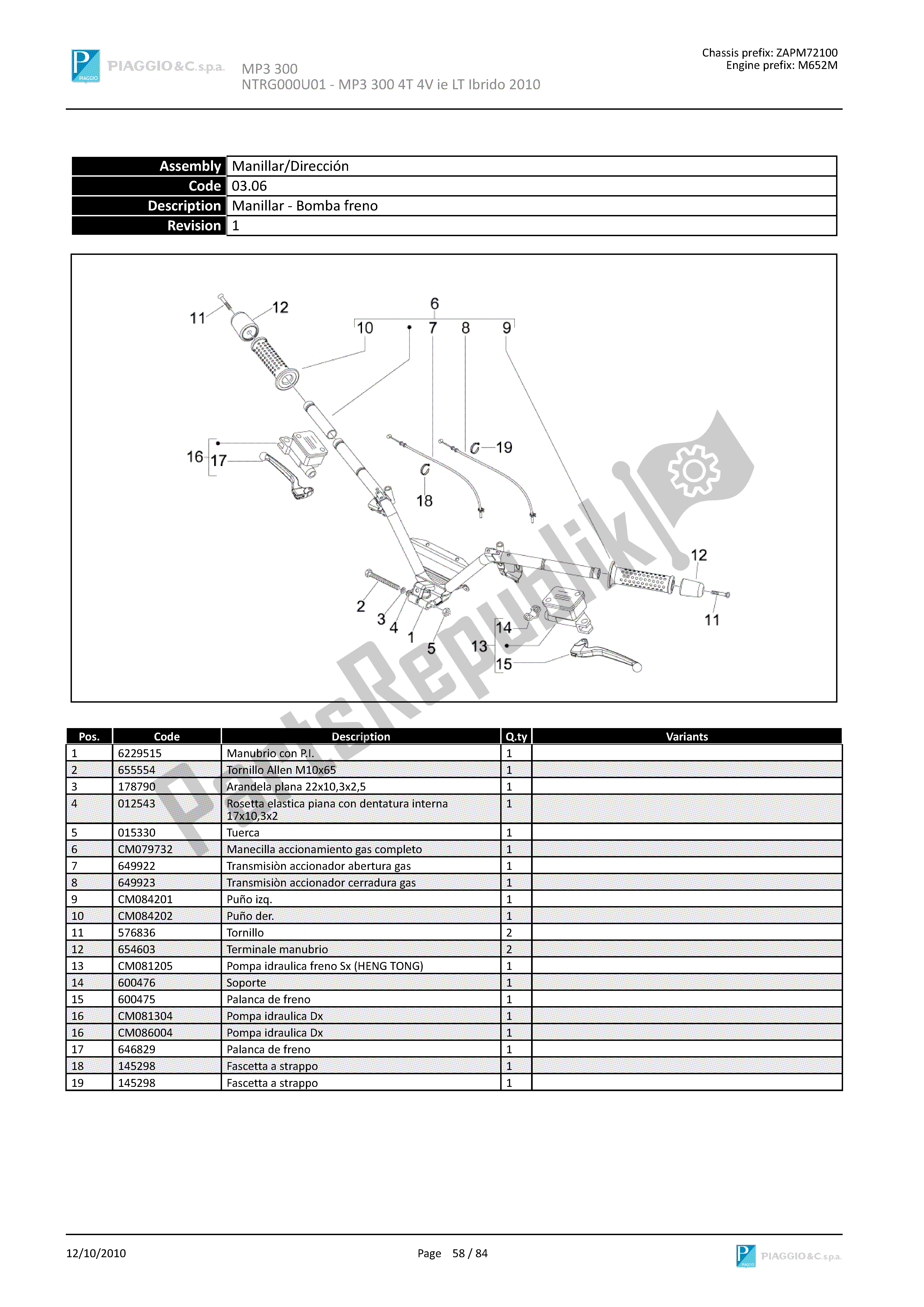 Tutte le parti per il Manillar-bomba Freno del Piaggio MP3 300 2010 - 2011