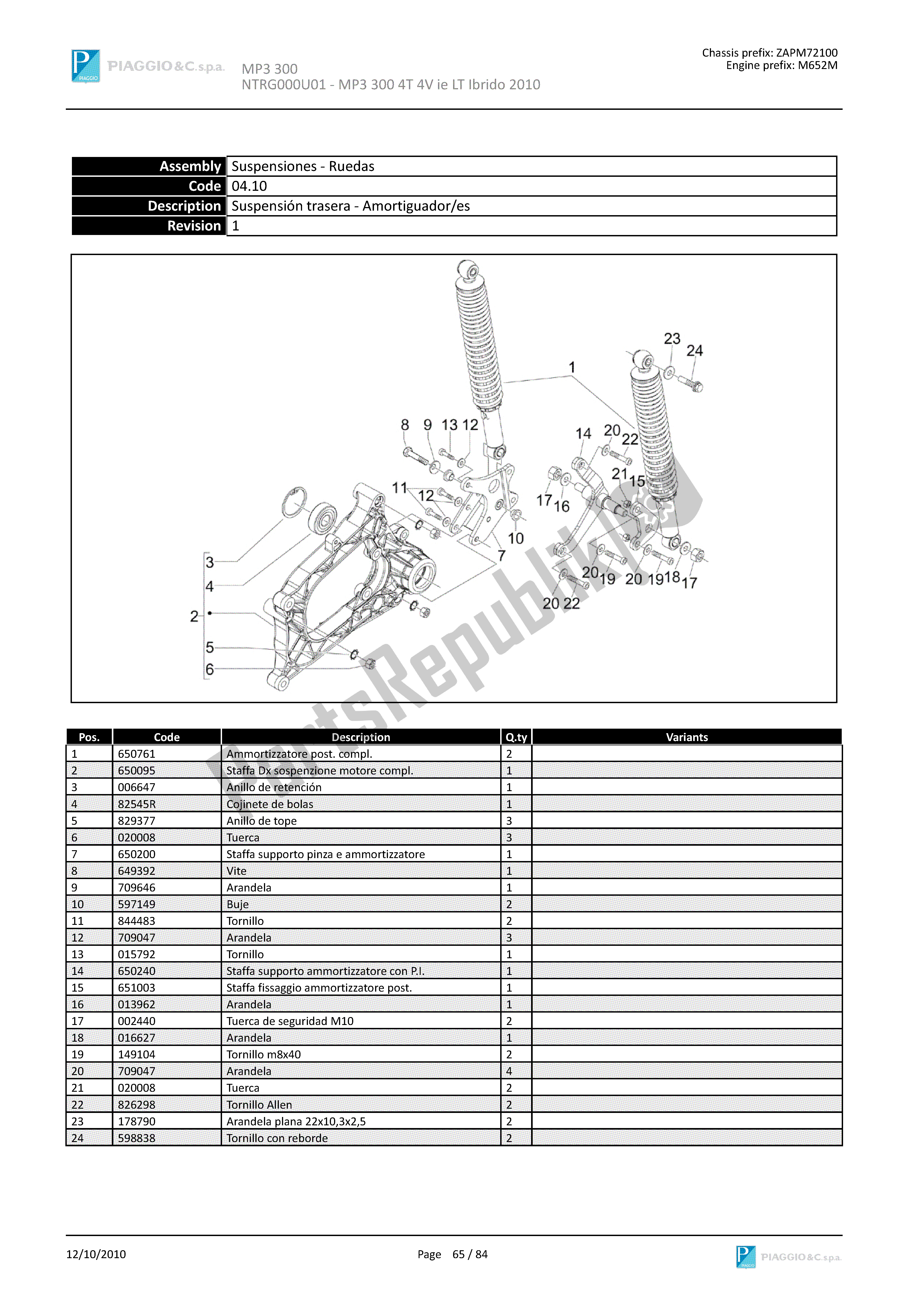 Alle onderdelen voor de Suspensión Trasera-amortiguador/es van de Piaggio MP3 300 2010 - 2011