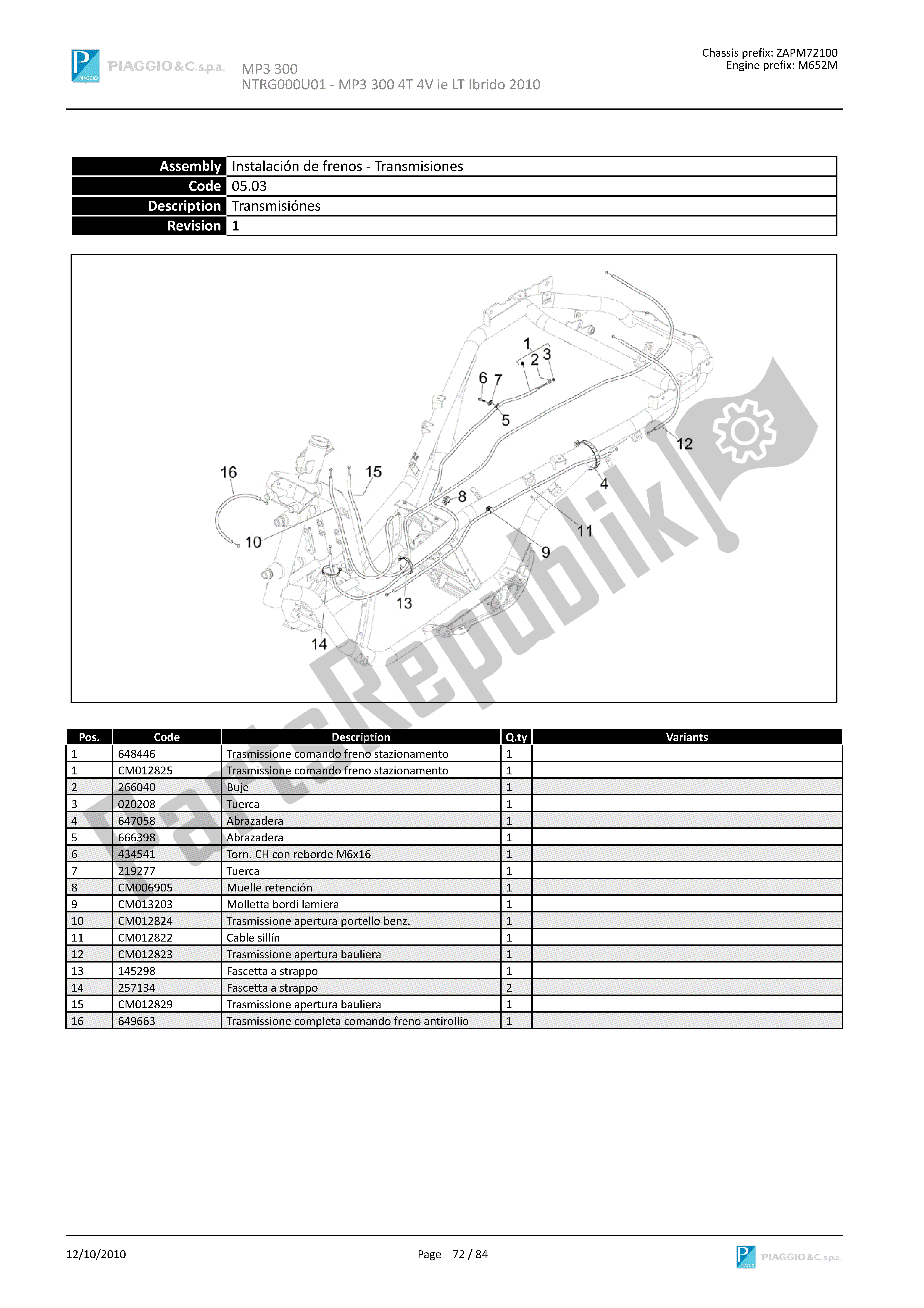 Todas las partes para Transmisiónes de Piaggio MP3 300 2010 - 2011