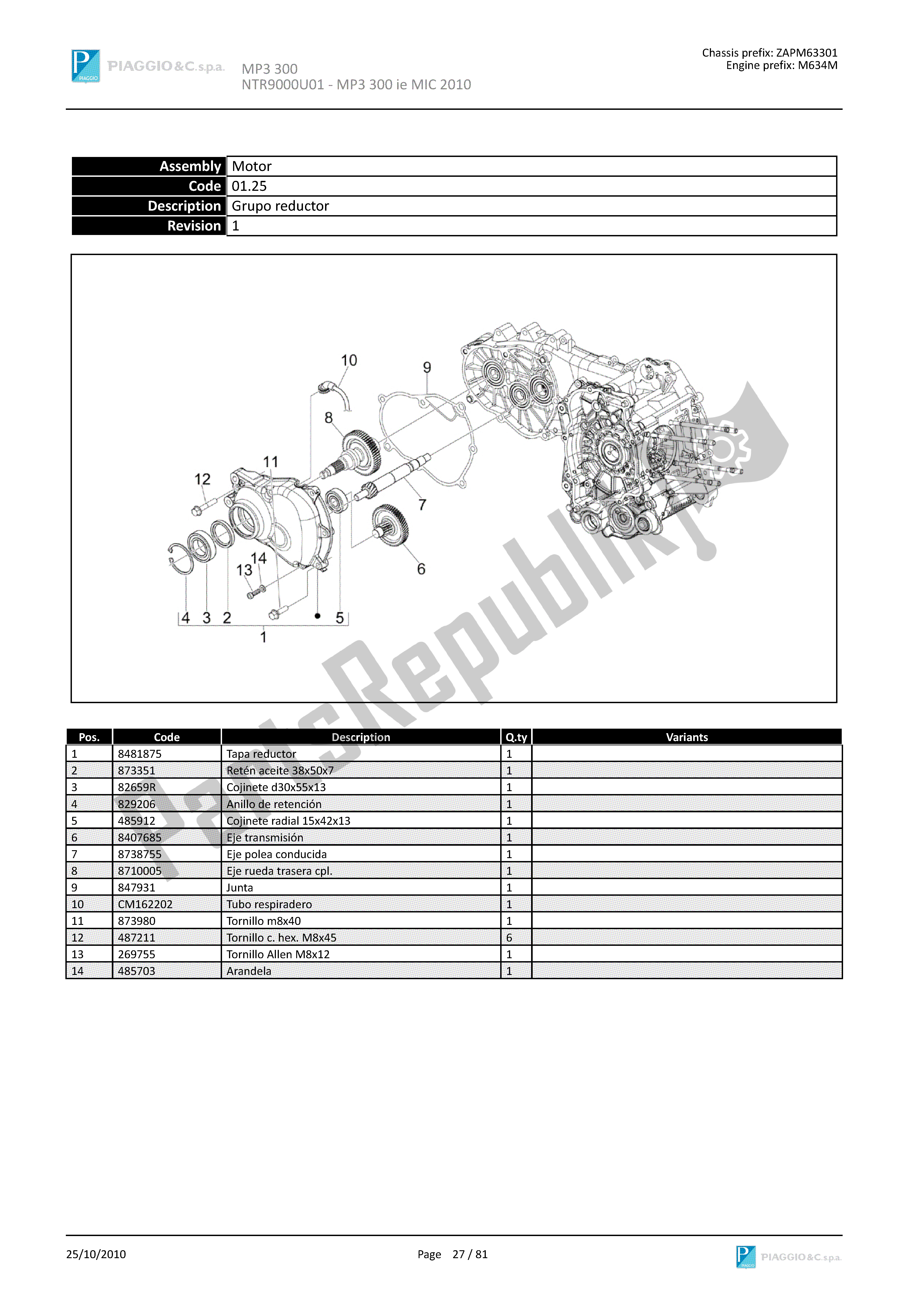 Alle onderdelen voor de Grupo Reductor van de Piaggio MP3 300 2010