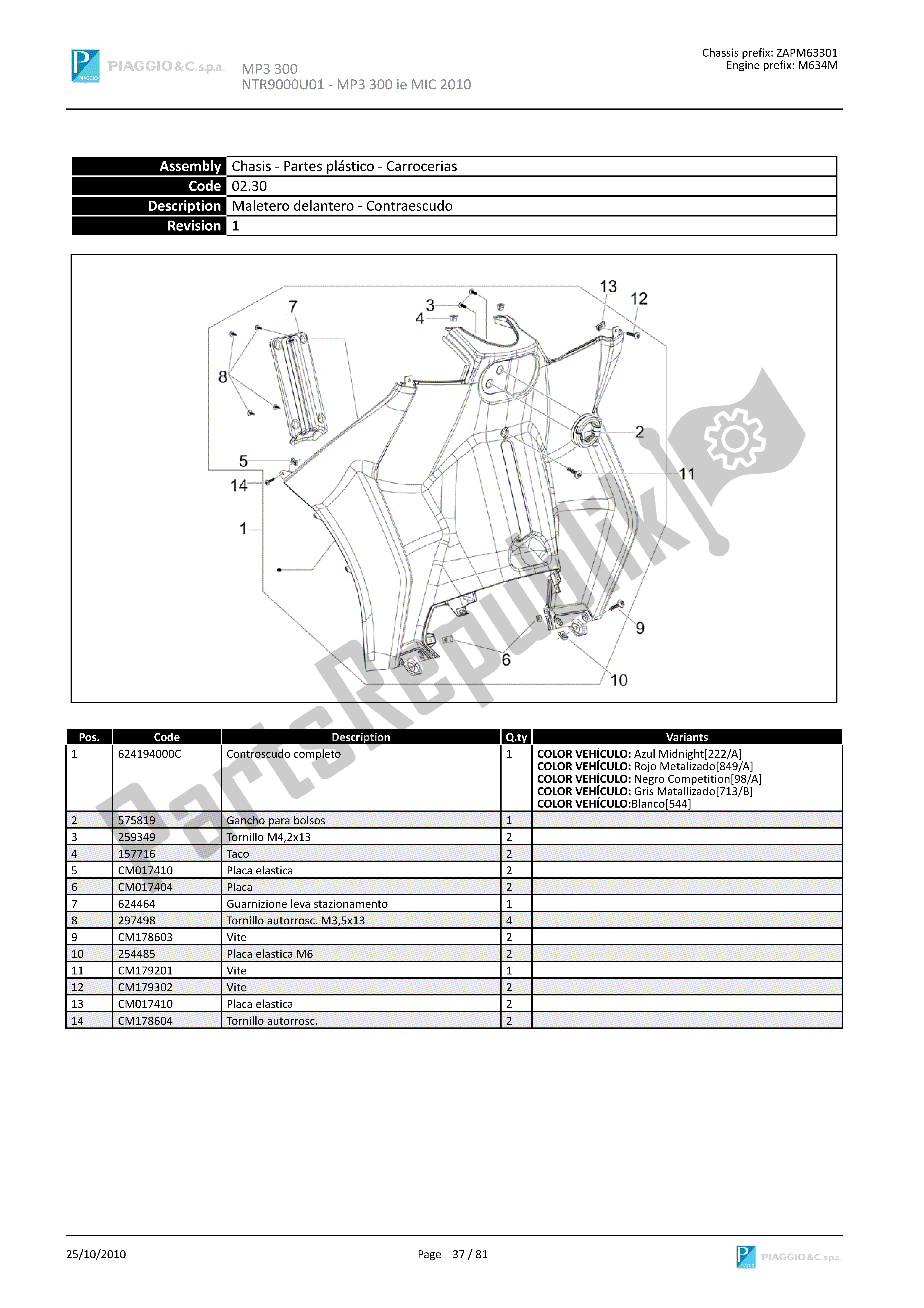 All parts for the Maletero Delantero - Contraescudo of the Piaggio MP3 300 2010