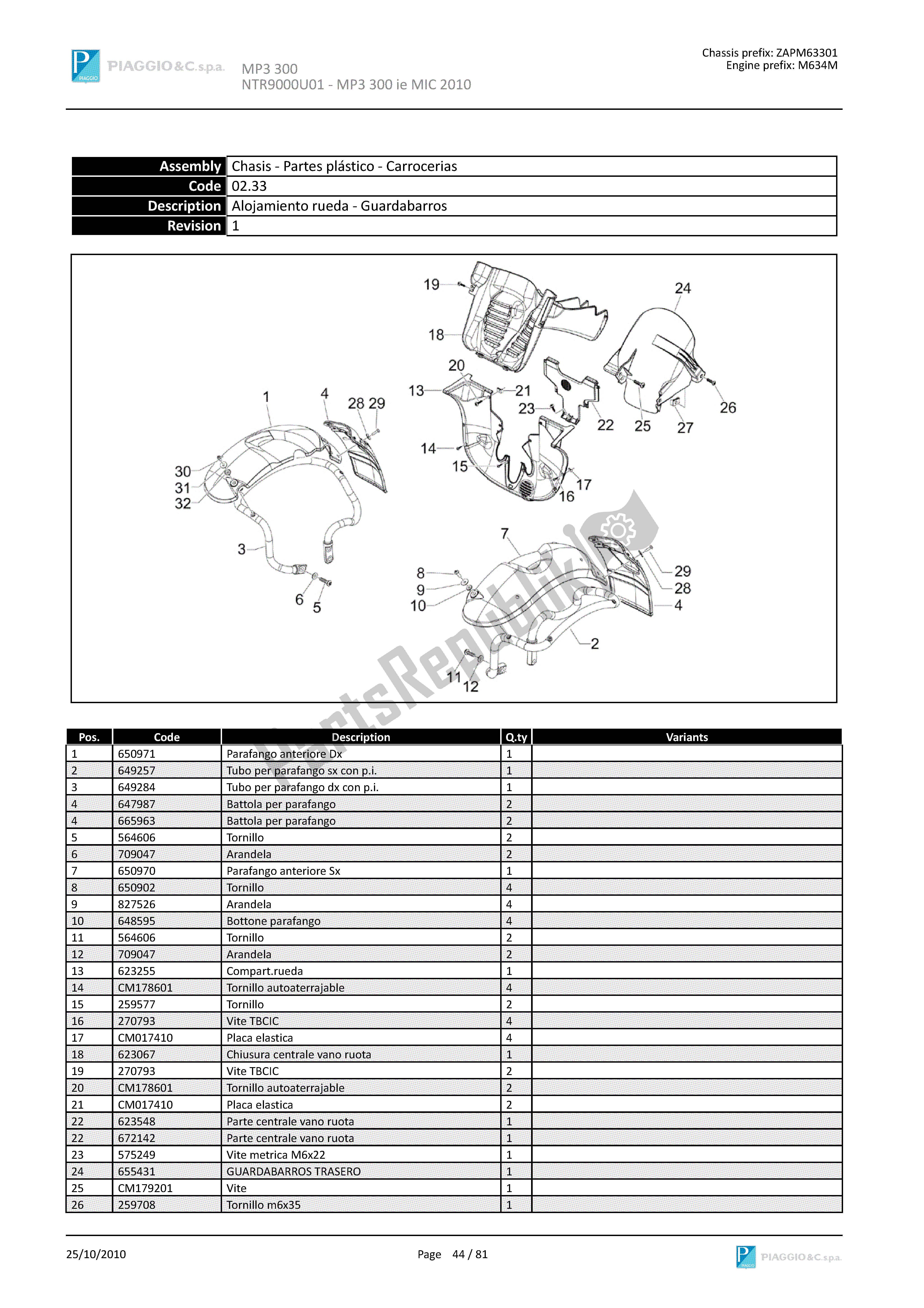 Alle onderdelen voor de Alojamiento Rueda-guardabarros van de Piaggio MP3 300 2010