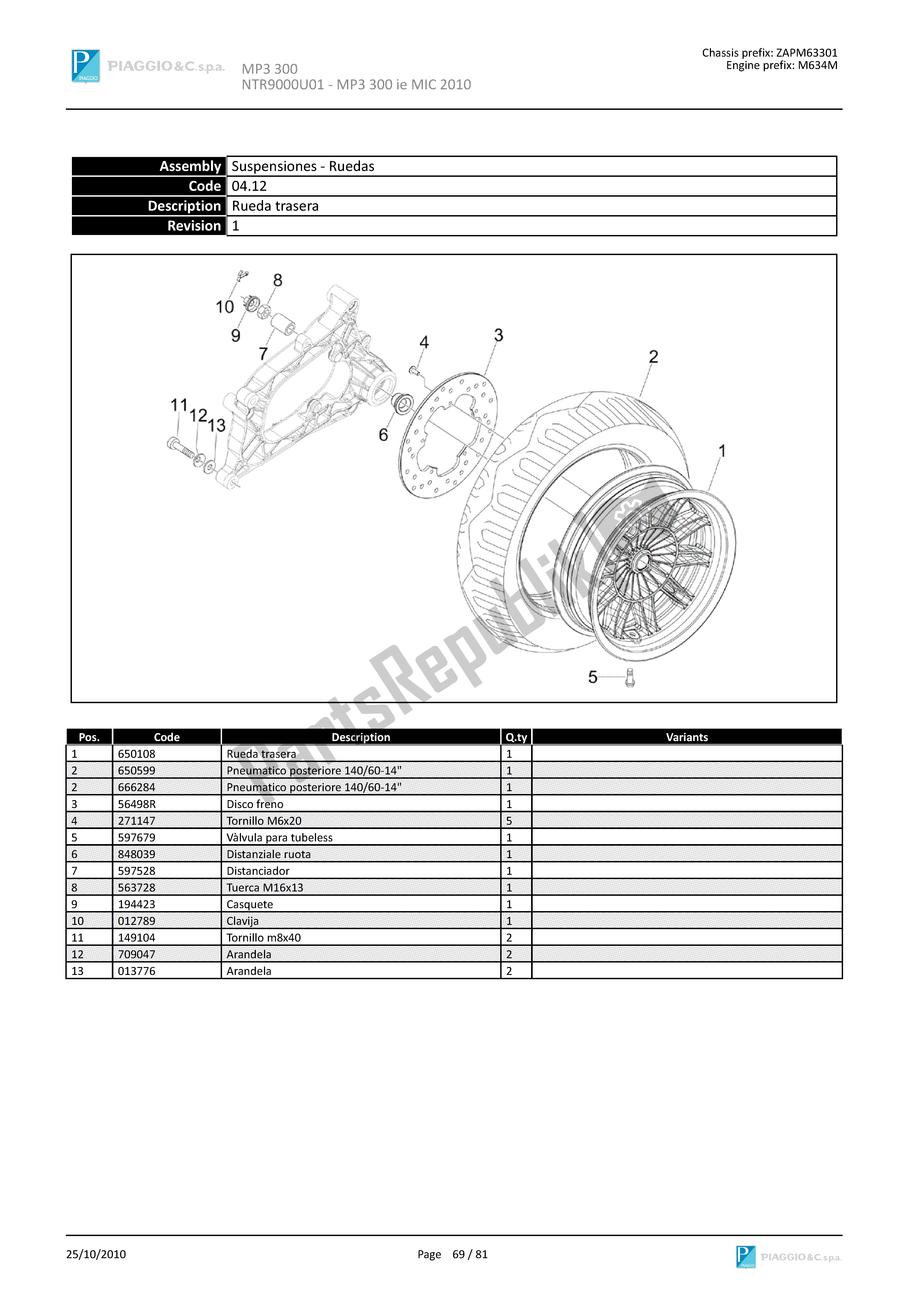 Wszystkie części do Tylne Ko? O Piaggio MP3 300 2010