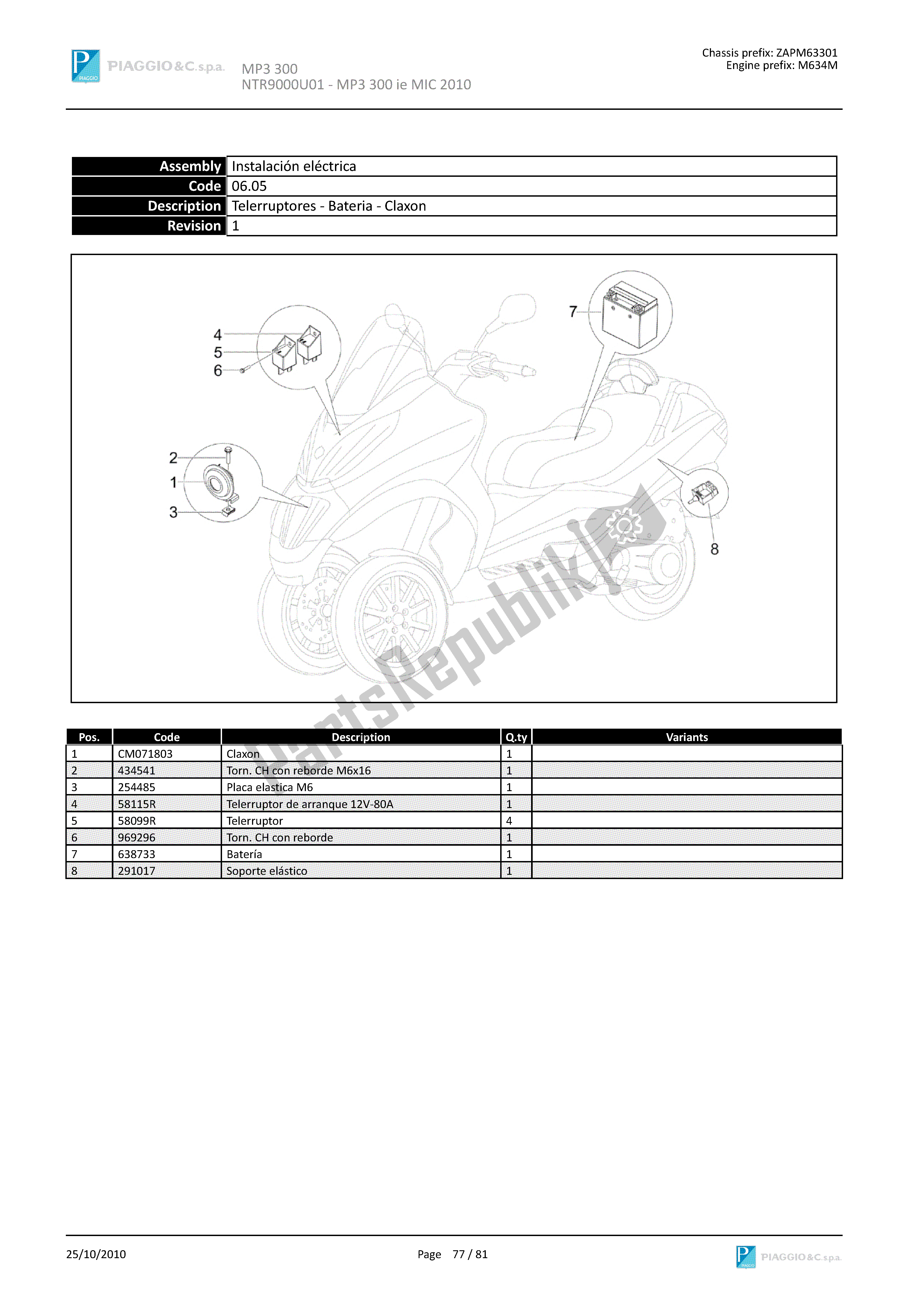 Alle onderdelen voor de Telerruptores-bateria-claxon van de Piaggio MP3 300 2010