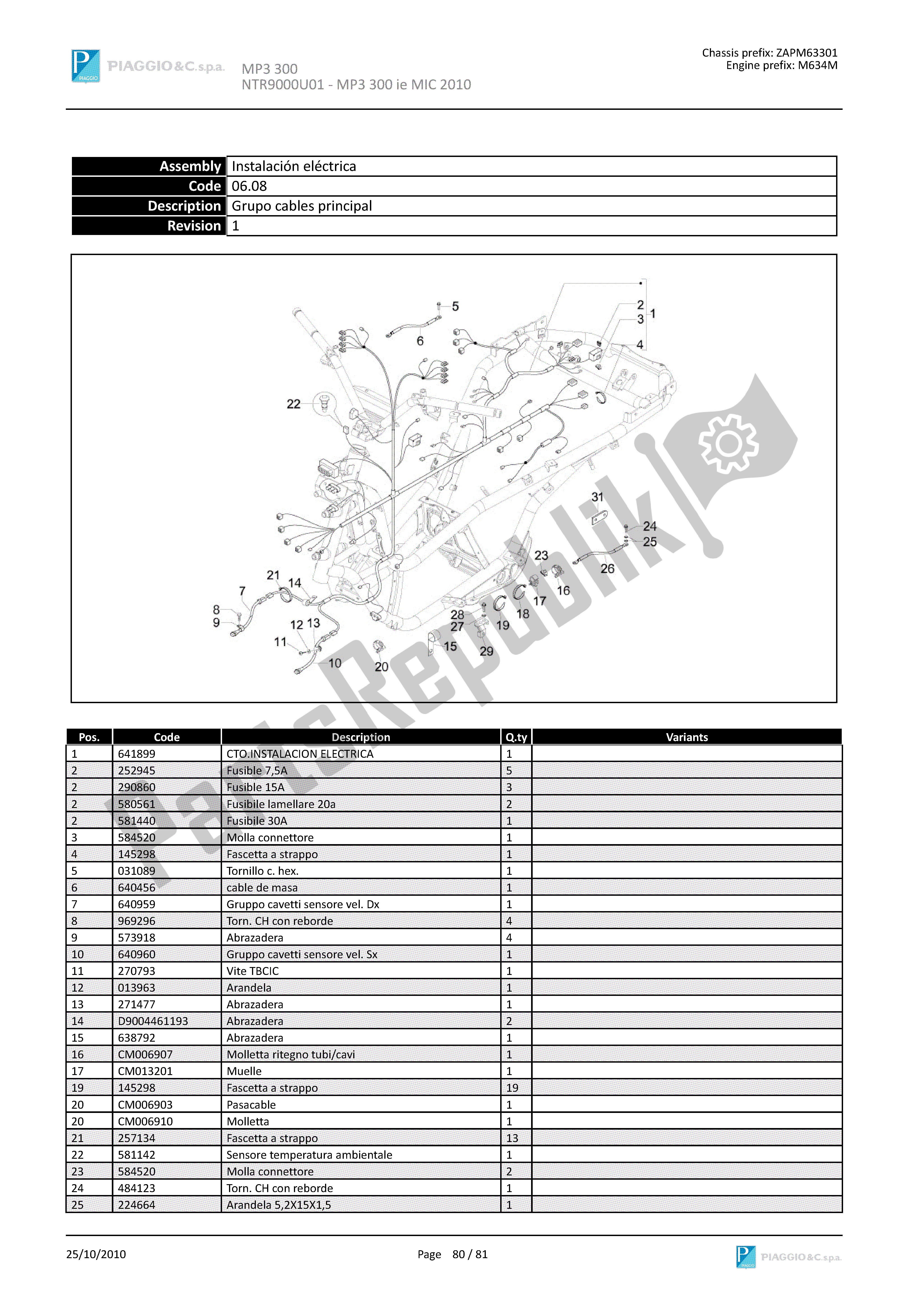 Alle onderdelen voor de Grupo Cables Principal van de Piaggio MP3 300 2010