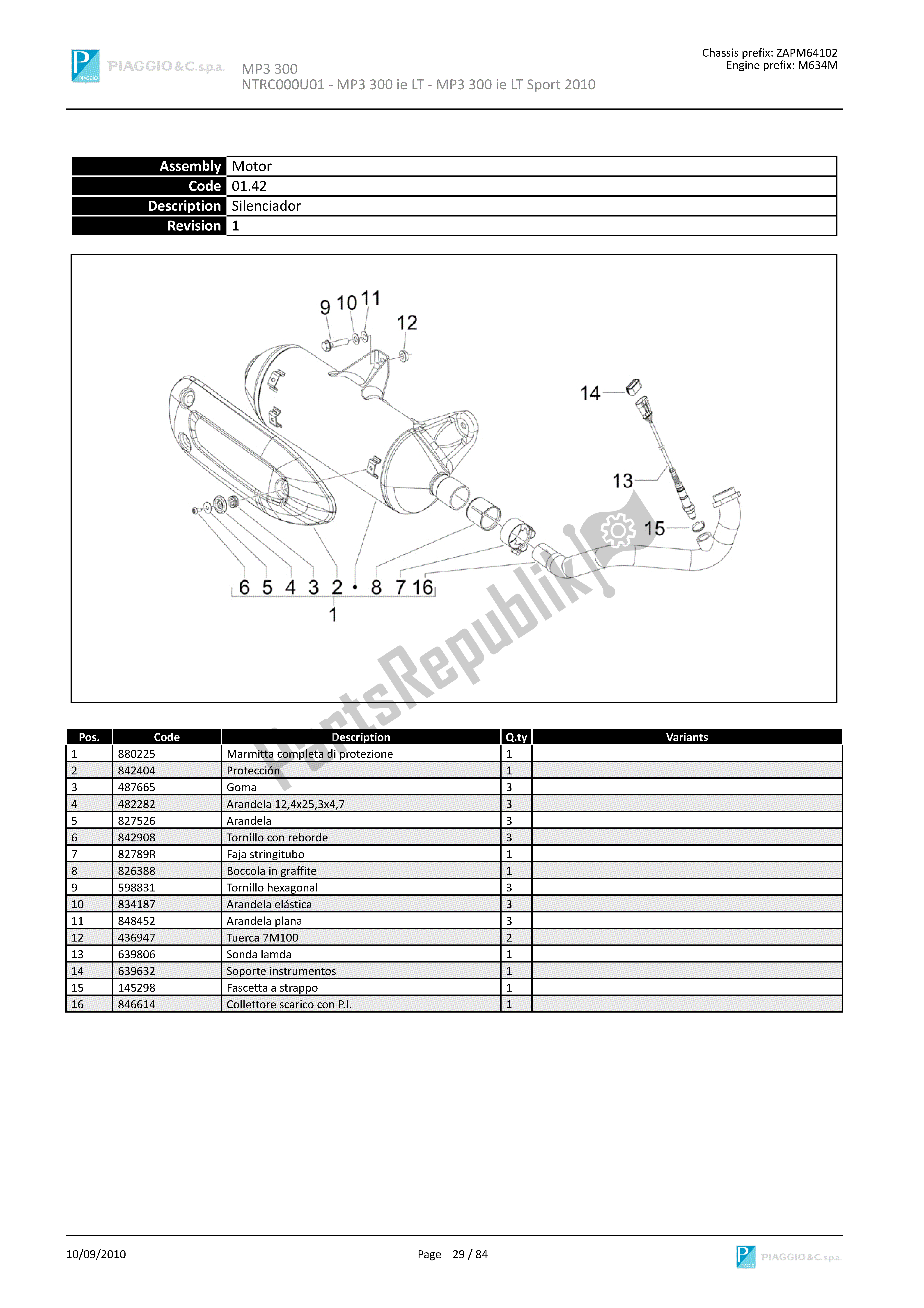 All parts for the Muffler of the Piaggio MP3 300 2010 - 2013