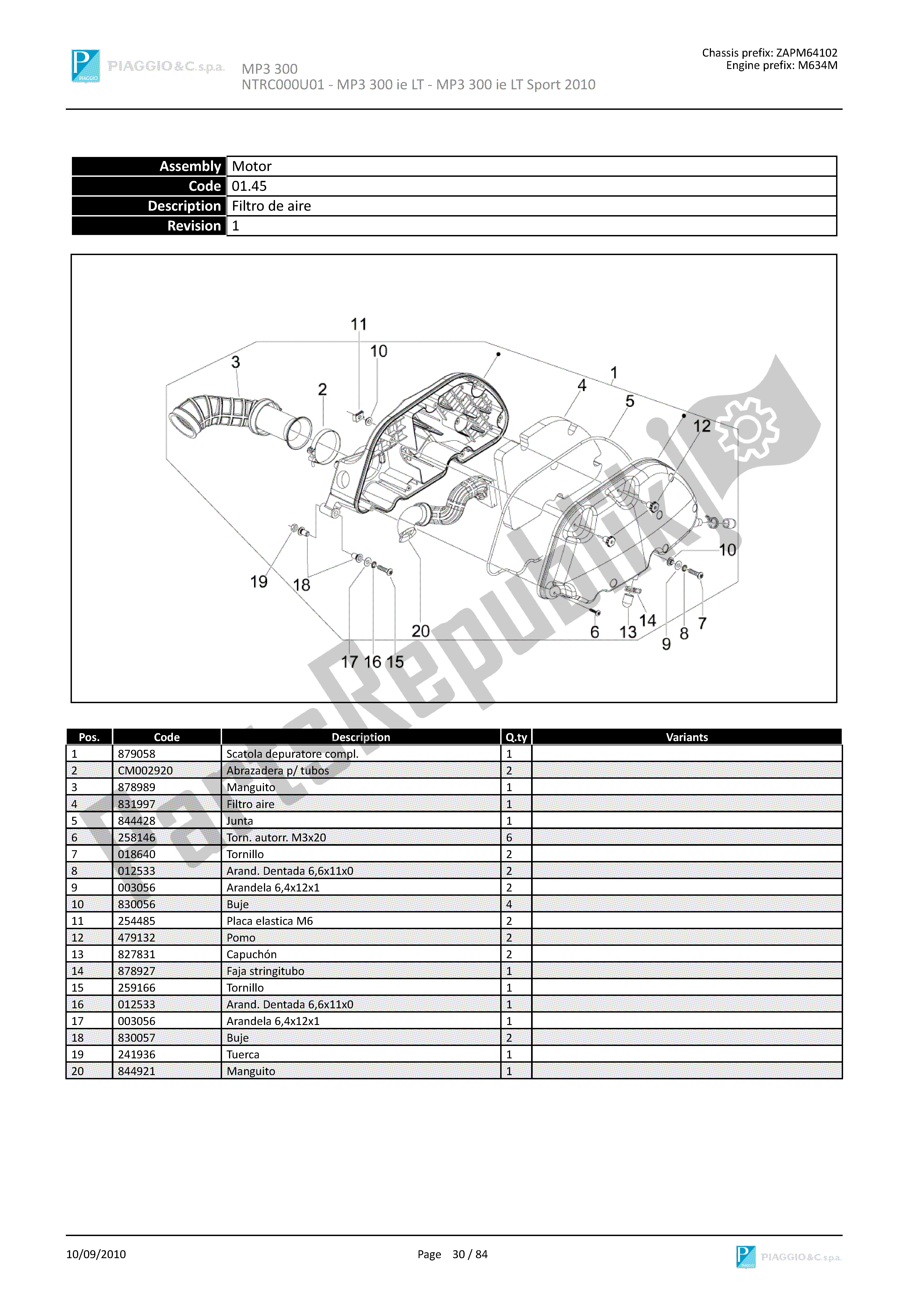 All parts for the Filtrodeaire of the Piaggio MP3 300 2010 - 2013