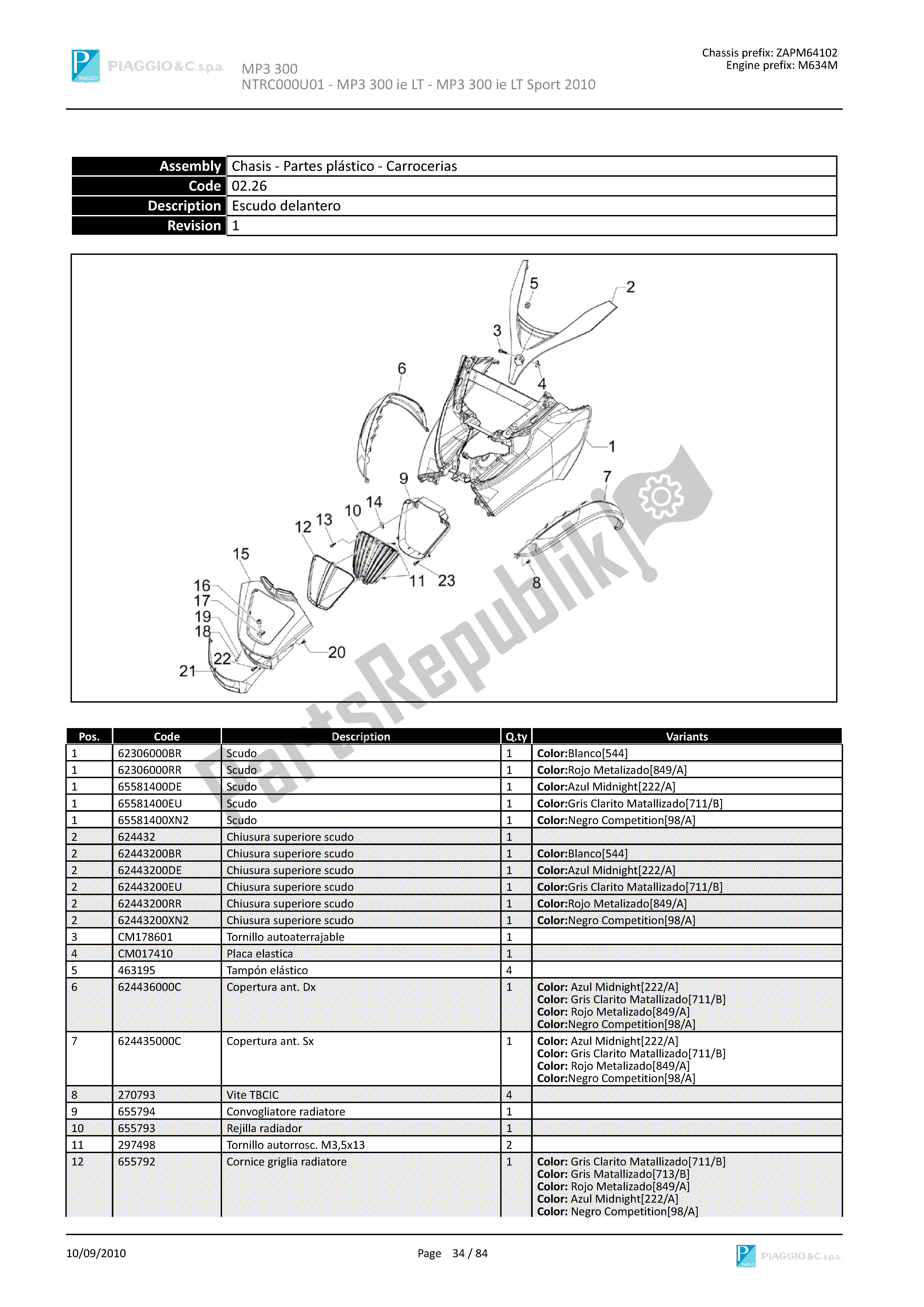 Alle onderdelen voor de Escudodelantero van de Piaggio MP3 300 2010 - 2013