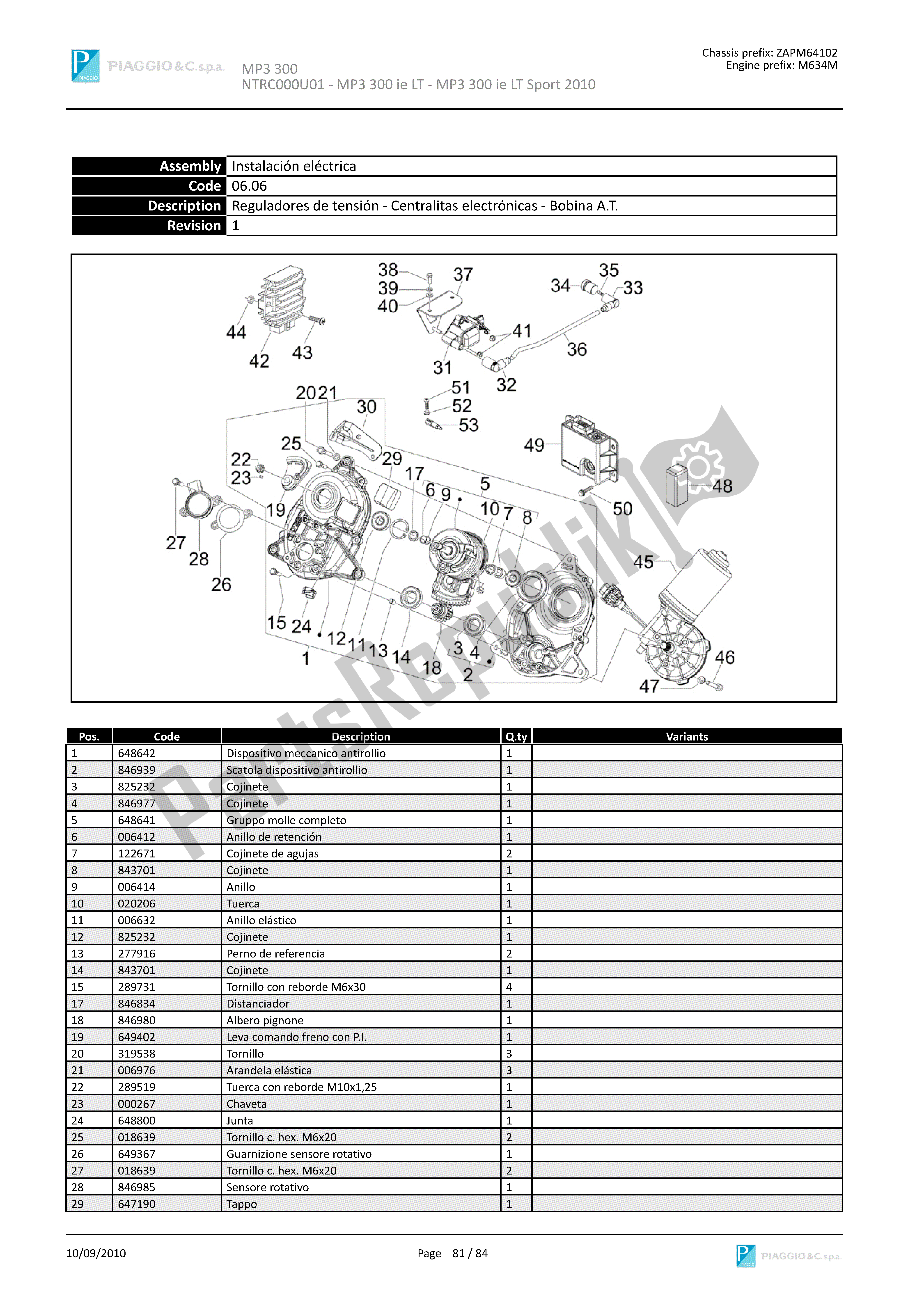 Todas las partes para Reguladoresdetensión-centralitaselectrónicas-bobinaa. T. De Piaggio MP3 300 2010 - 2013