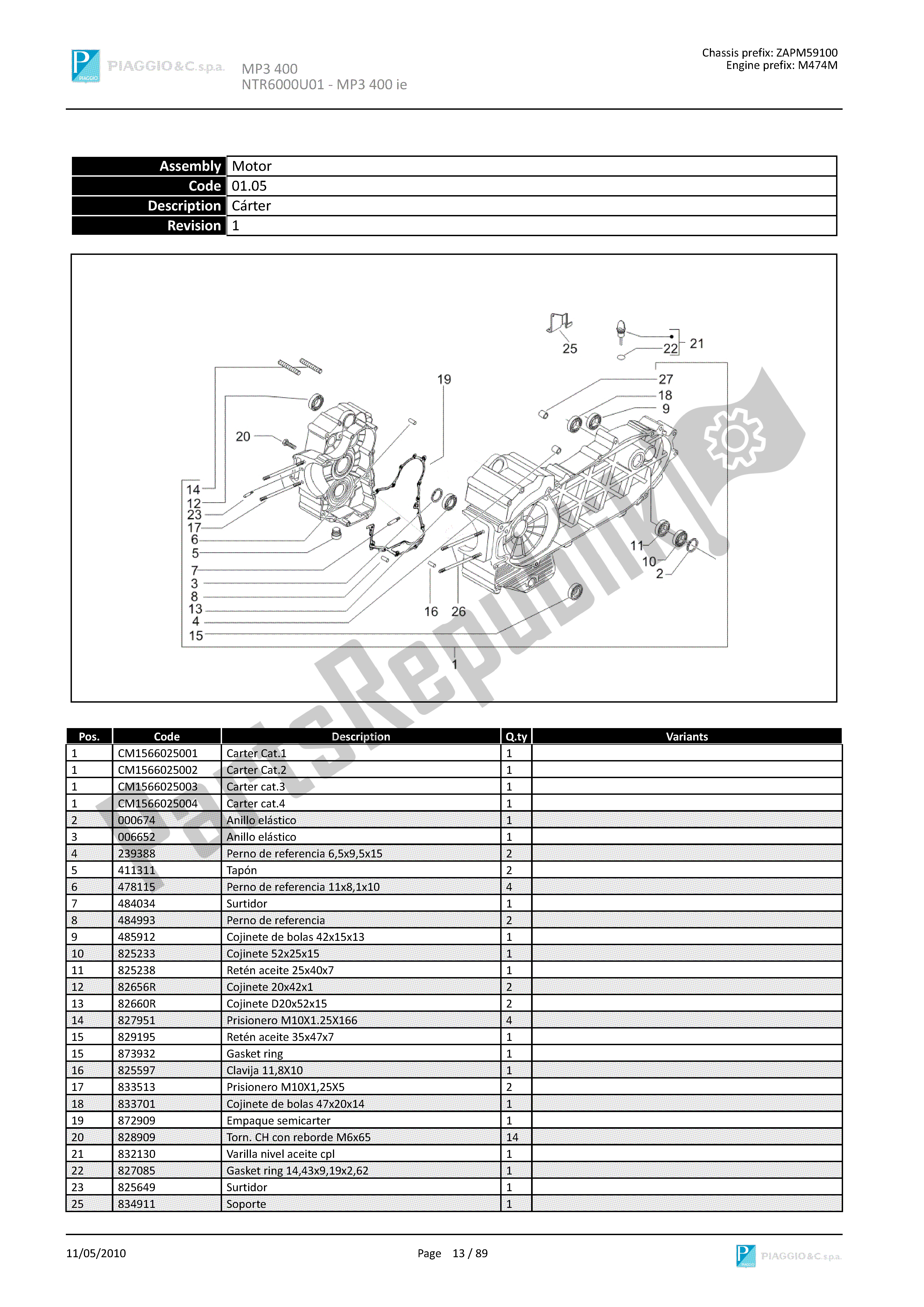 Toutes les pièces pour le Cárter du Piaggio MP3 400 2007 - 2008