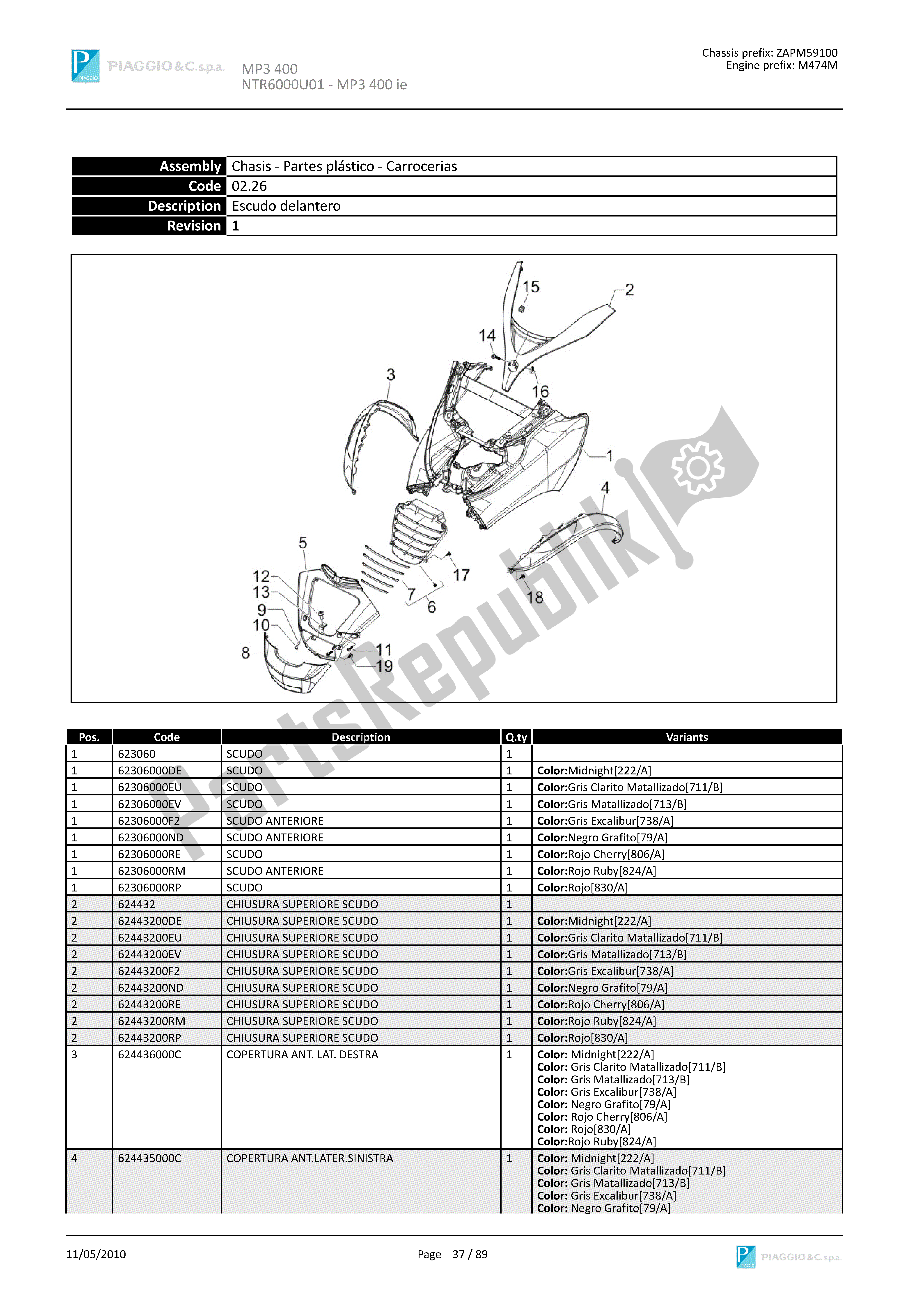 Tutte le parti per il Scudo Anteriore del Piaggio MP3 400 2007 - 2008