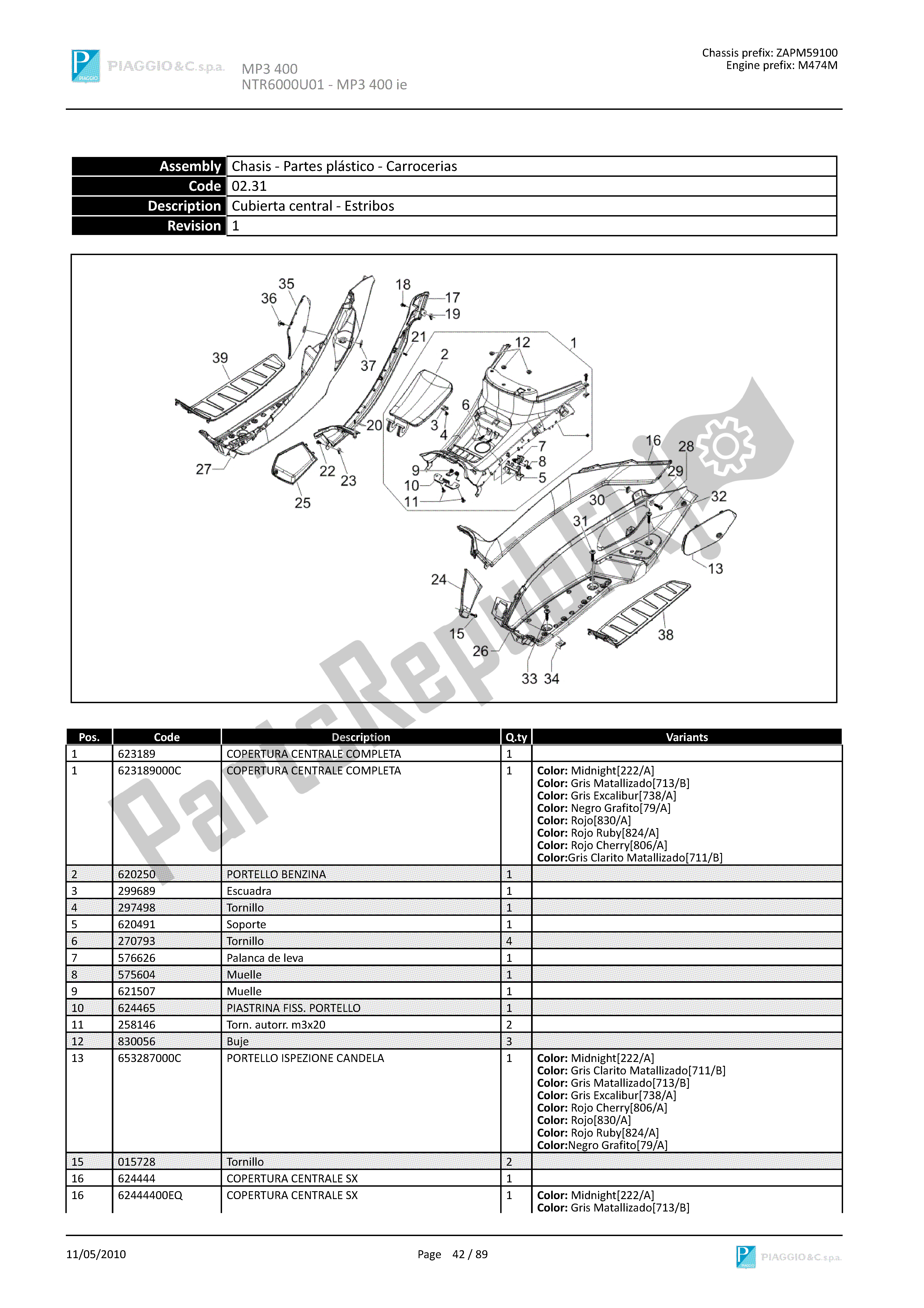 Toutes les pièces pour le Cubierta Central-estribos du Piaggio MP3 400 2007 - 2008