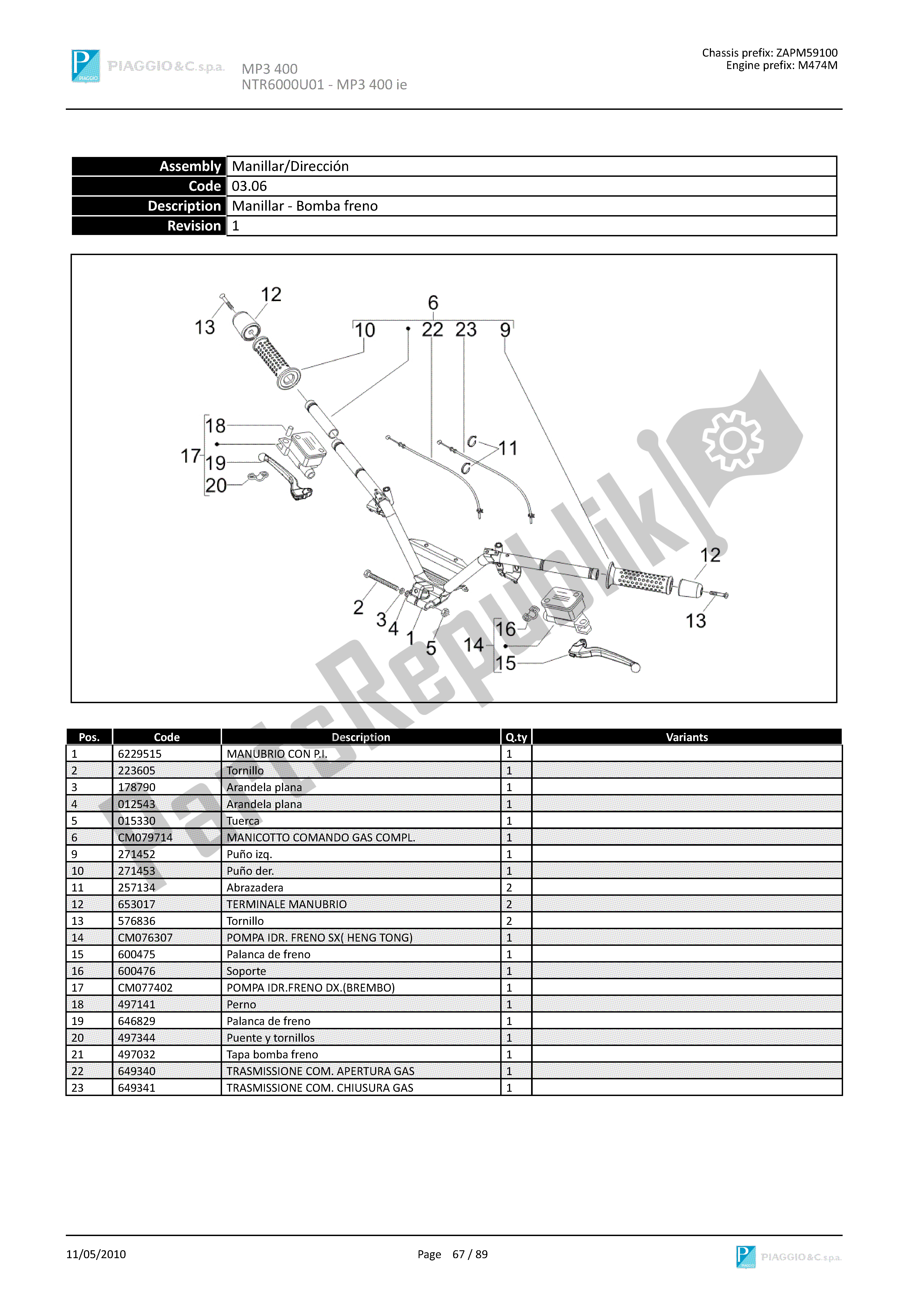 Todas las partes para Manillar-bomba Freno de Piaggio MP3 400 2007 - 2008