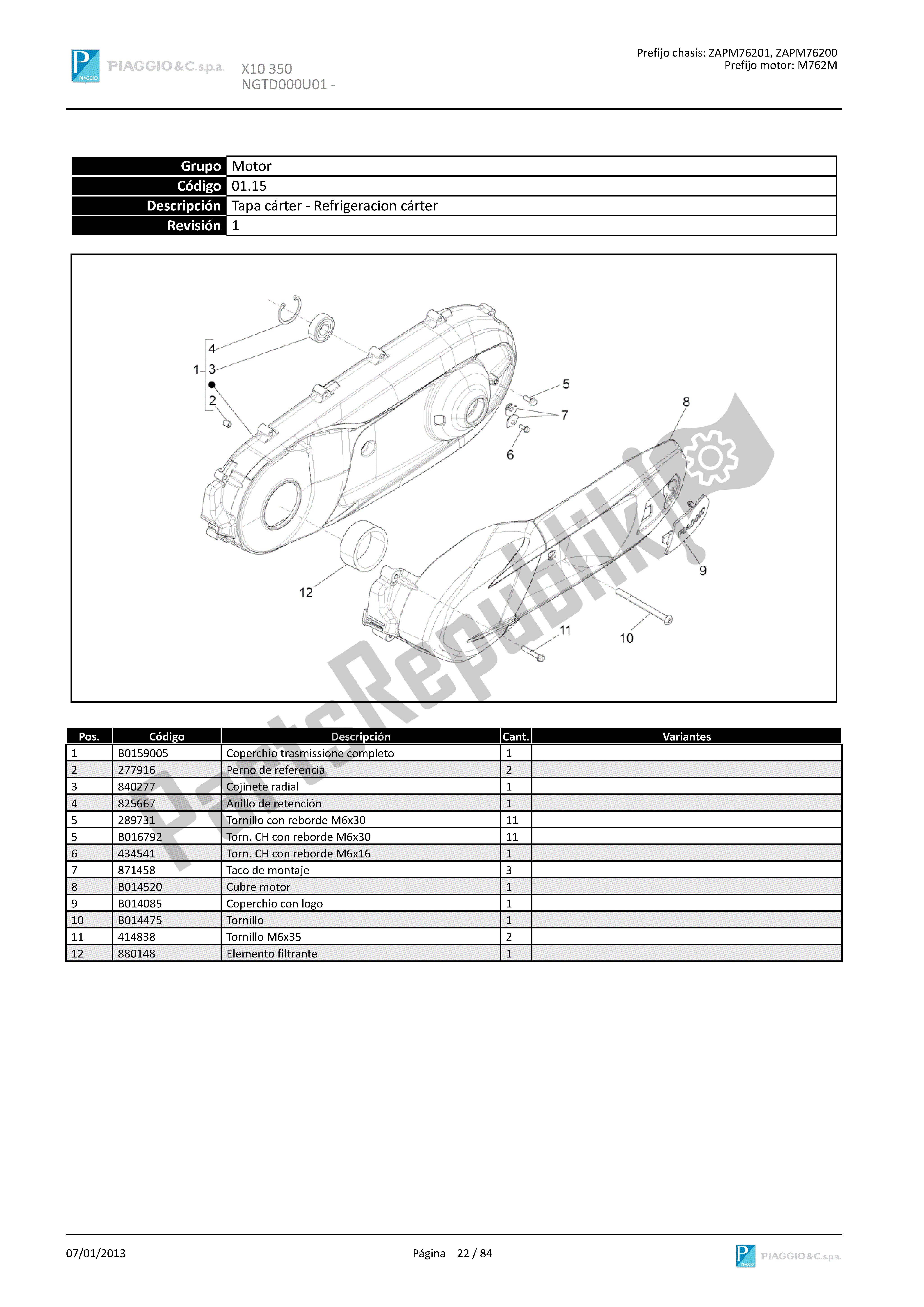 Todas las partes para Tapa Cárter - Refrigeracion Cárter de Piaggio X 10 350 2012 - 2013