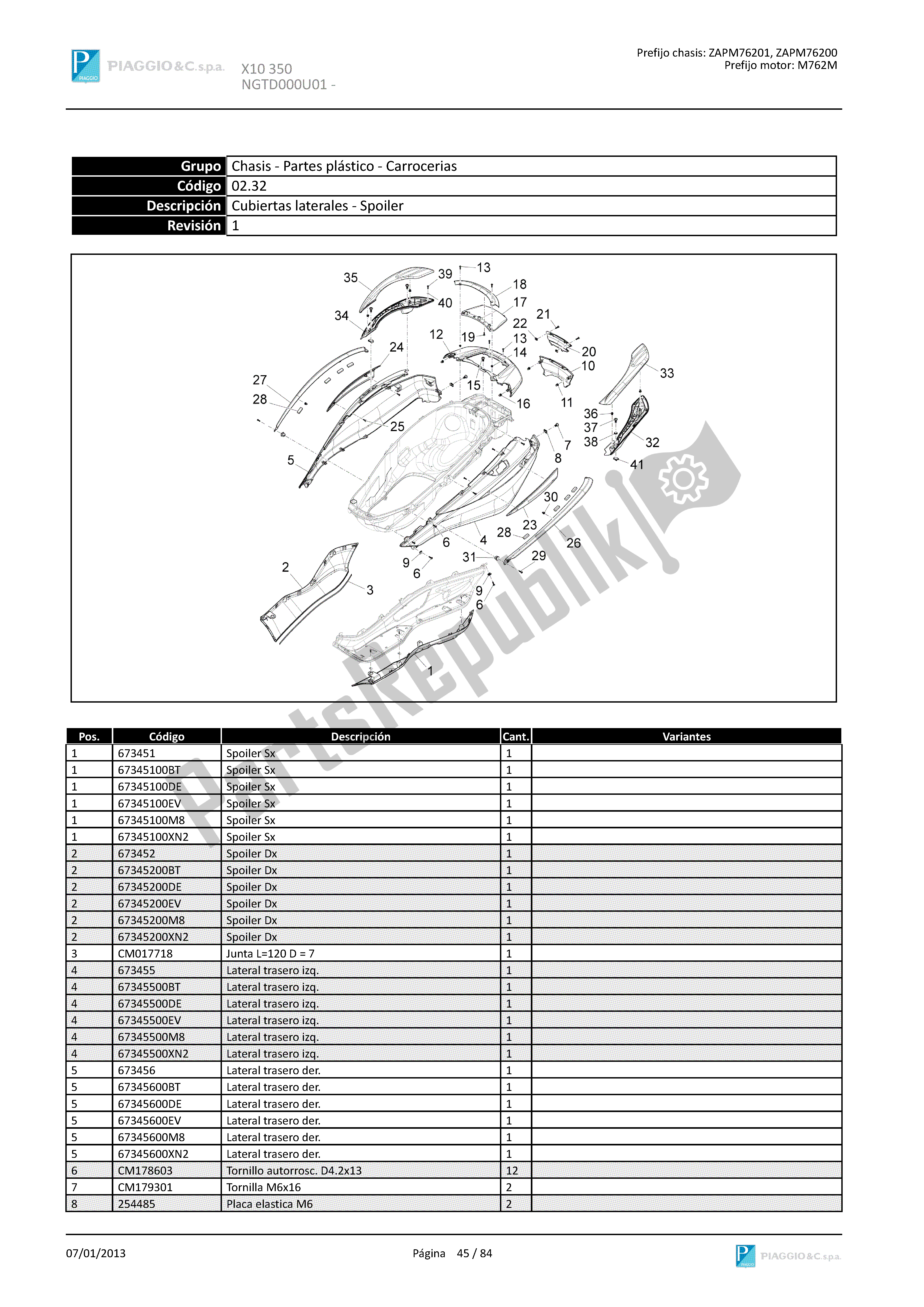 Todas las partes para Cubiertas Laterales - Spoiler de Piaggio X 10 350 2012 - 2013
