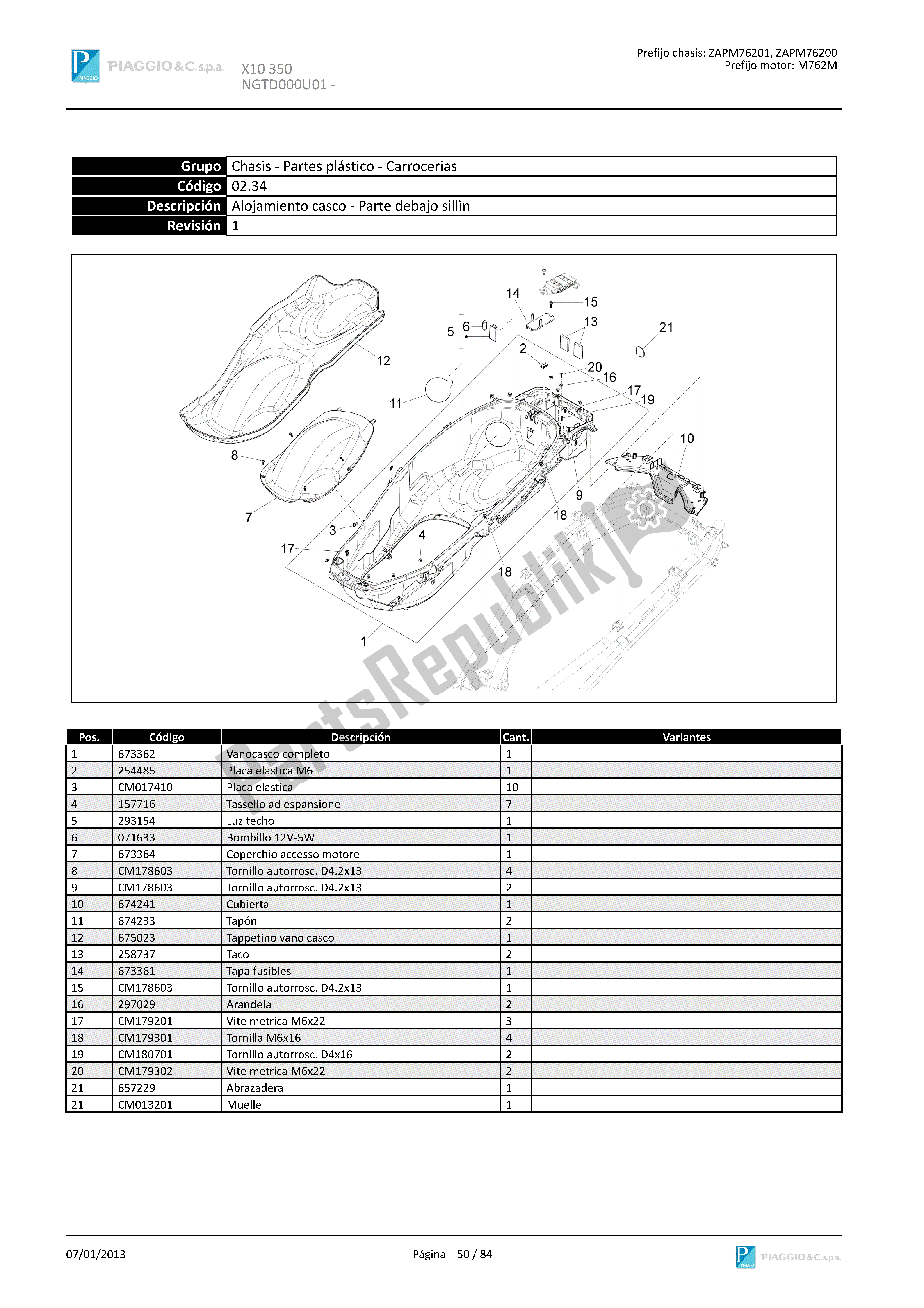 Todas las partes para Alojamiento Casco - Parte Debajo Sillìn de Piaggio X 10 350 2012 - 2013