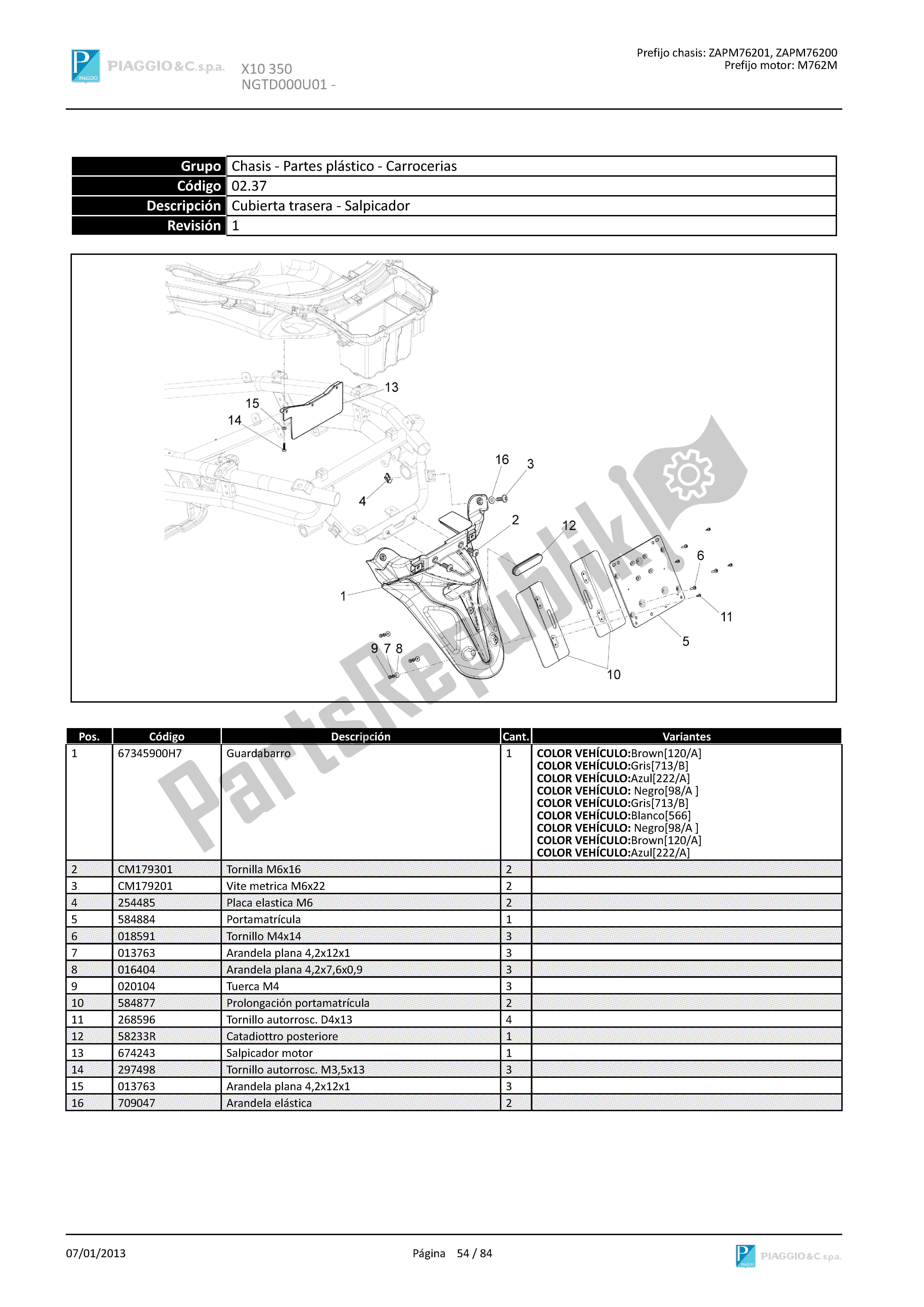 Todas las partes para Cubierta Trasera - Salpicador de Piaggio X 10 350 2012 - 2013