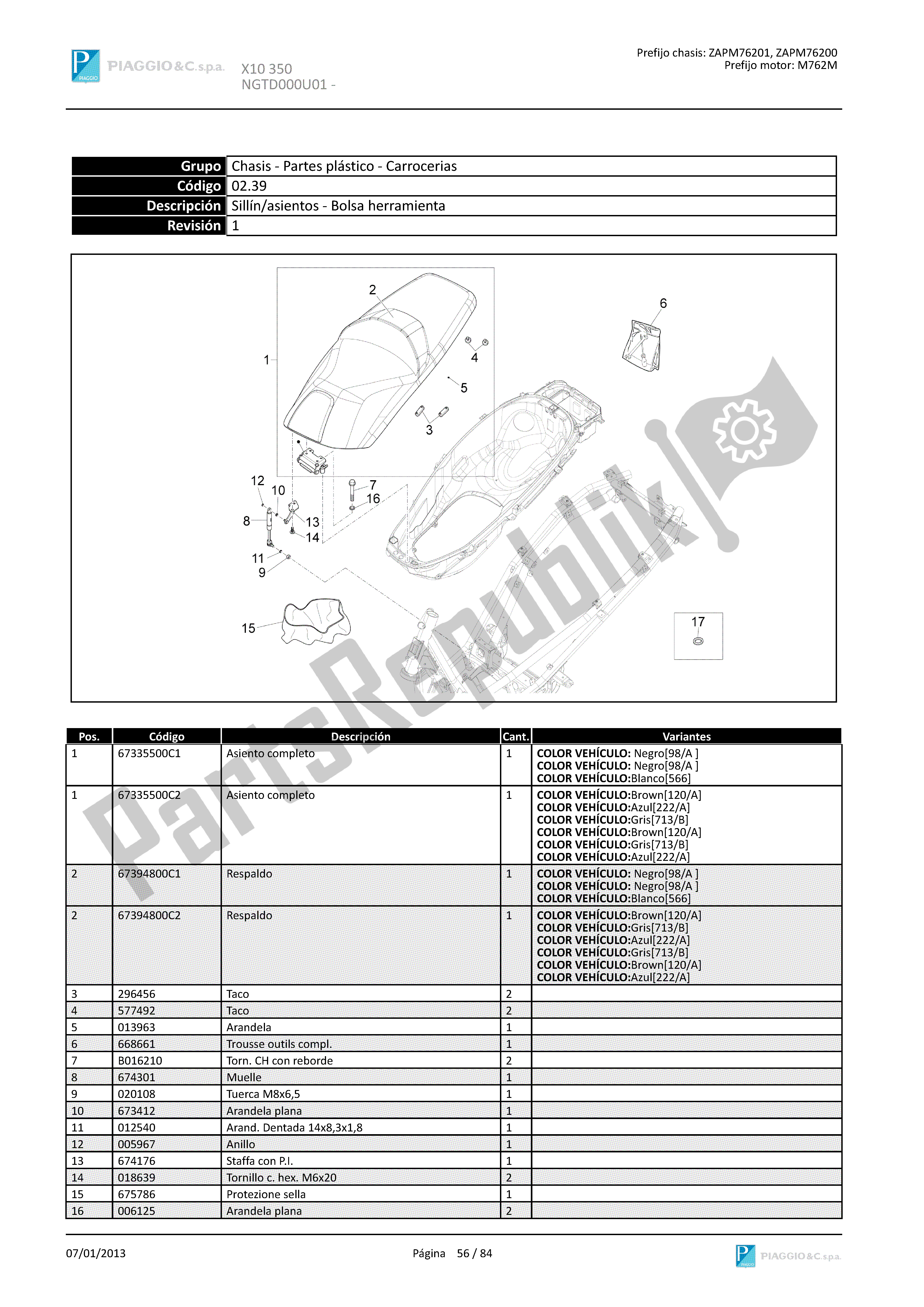 All parts for the Sillín/asientos - Bolsa Herramienta of the Piaggio X 10 350 2012 - 2013