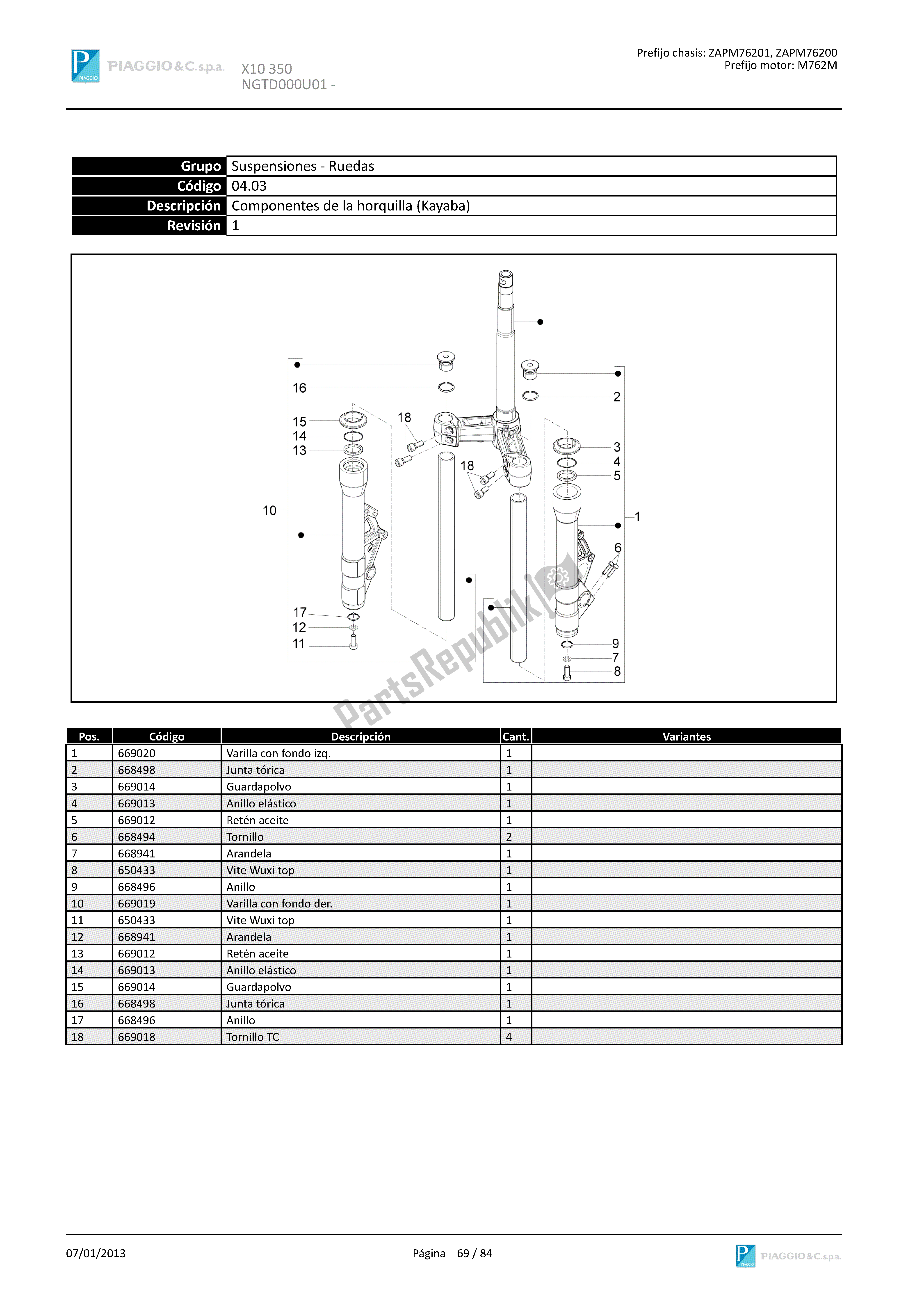 Tutte le parti per il Componenti Della Forcella (kayaba) del Piaggio X 10 350 2012 - 2013