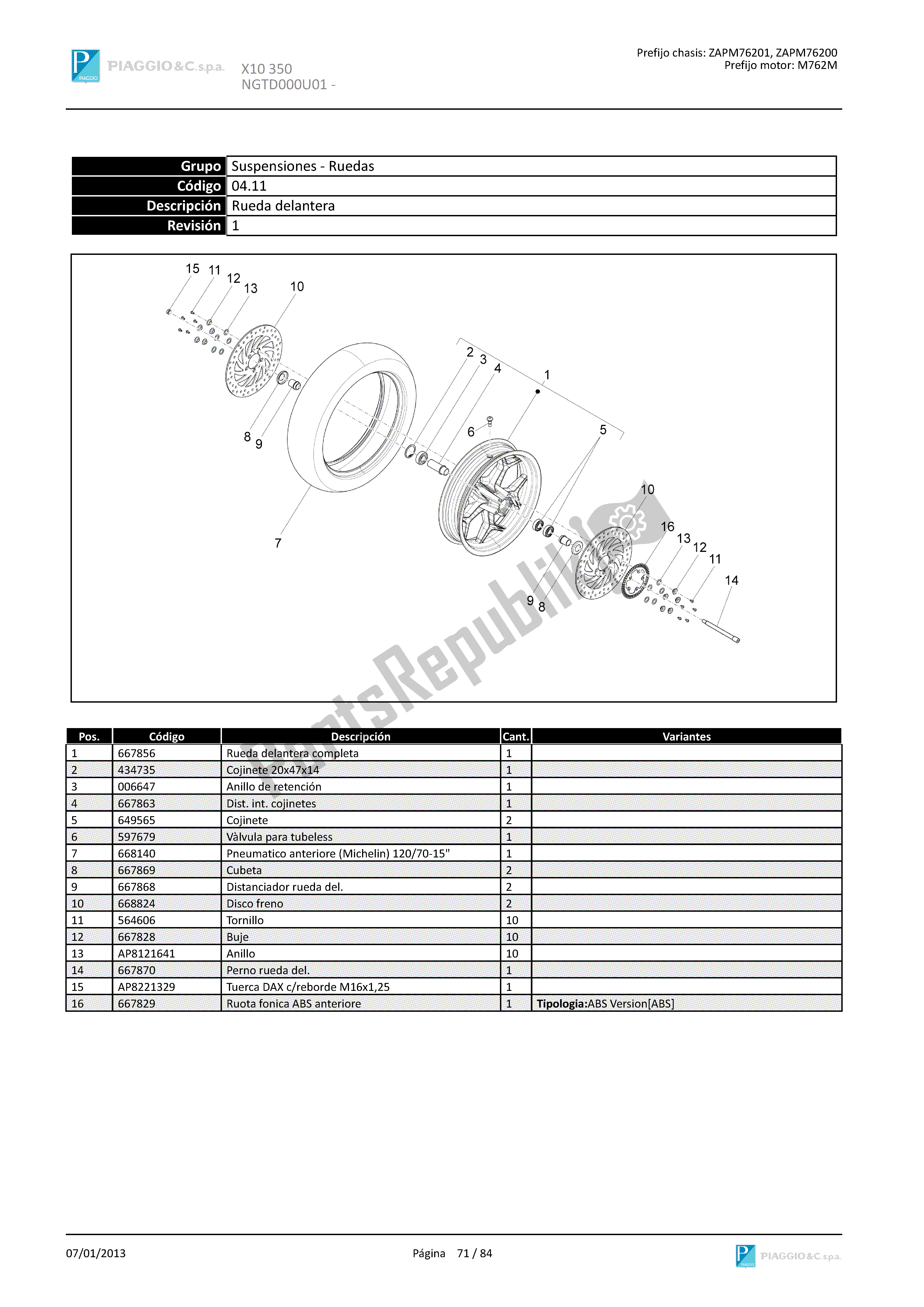 All parts for the Front Wheel of the Piaggio X 10 350 2012 - 2013