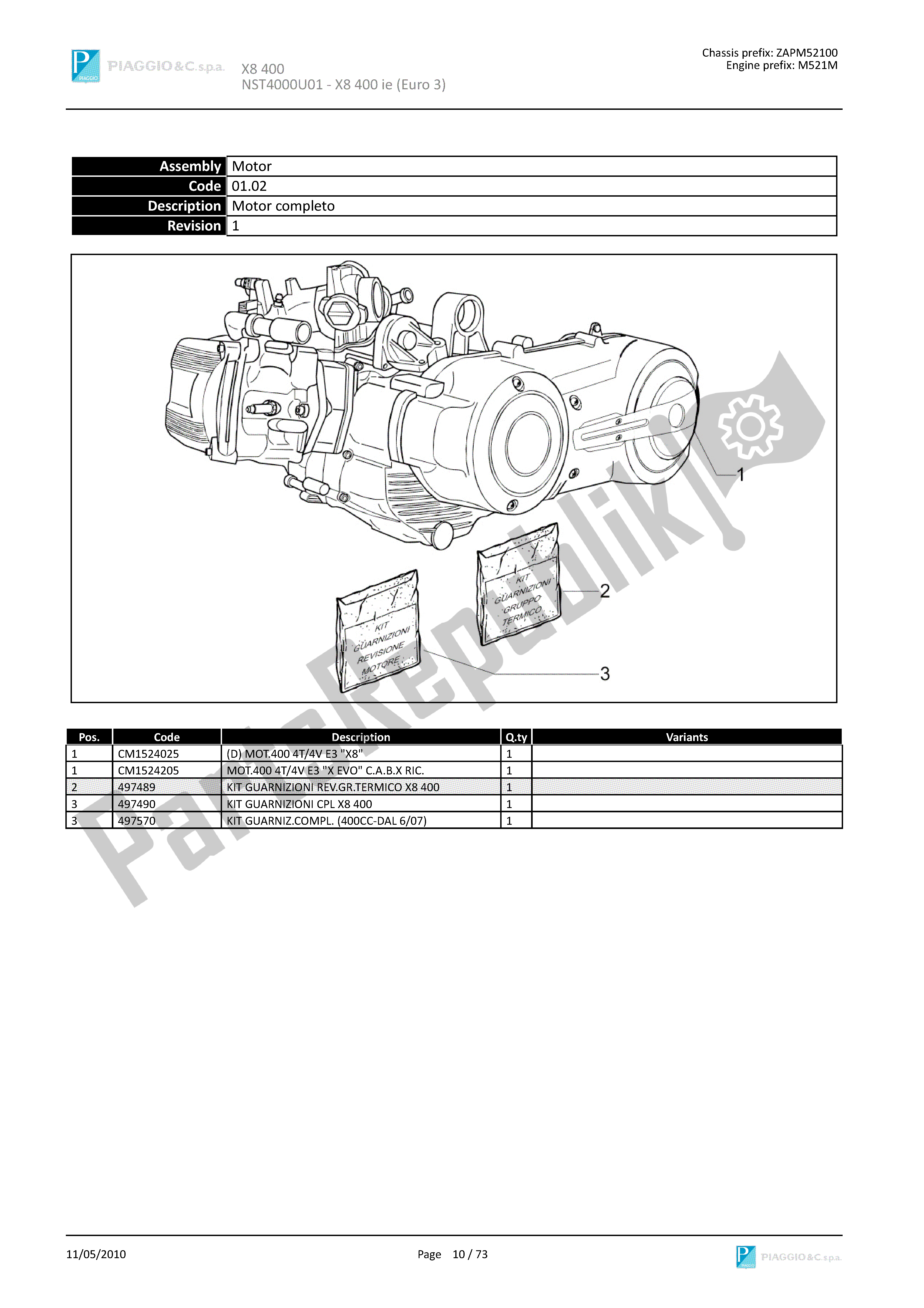 Todas las partes para Motor Completo de Piaggio X8 400 2005 - 2008