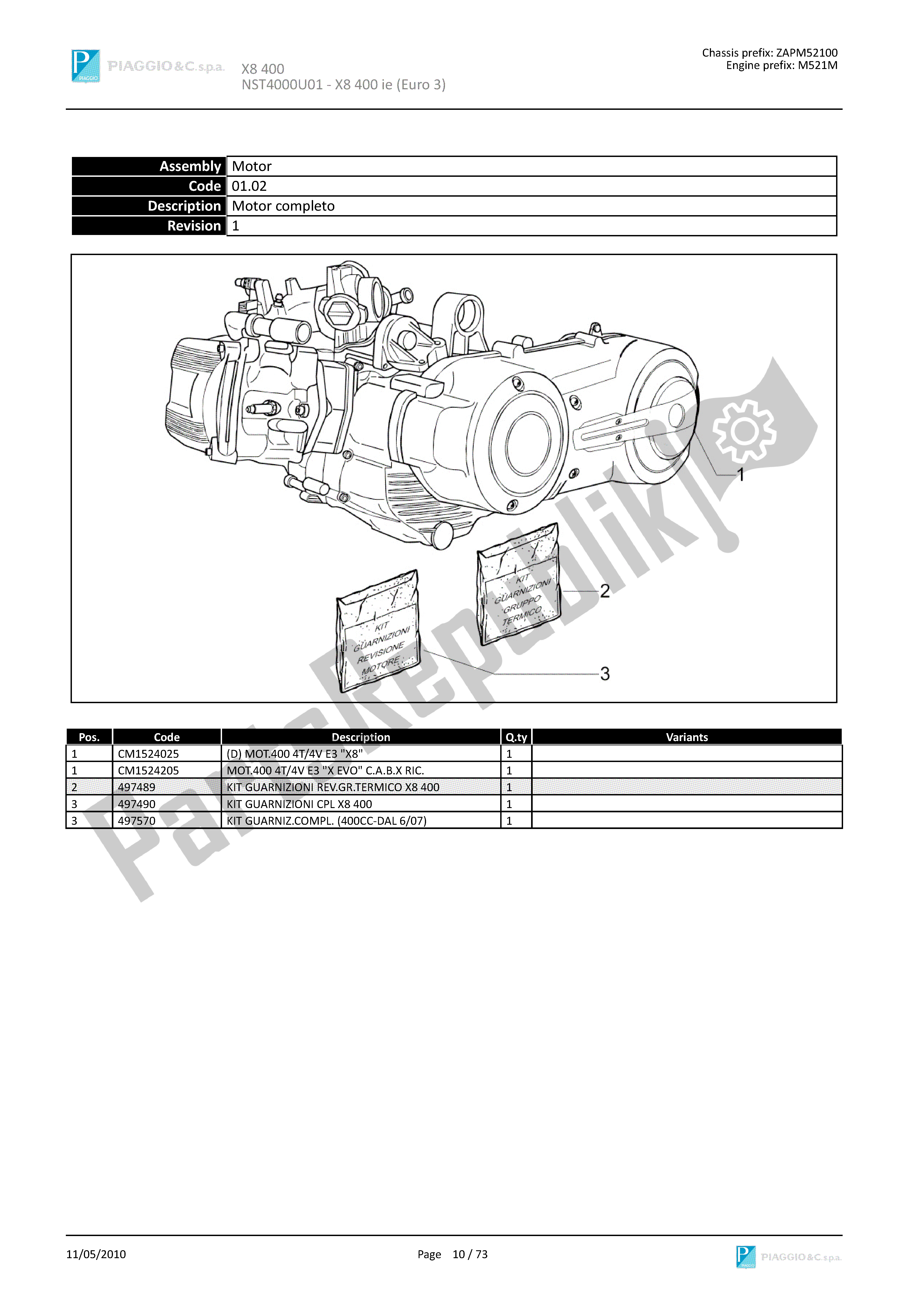 Todas las partes para Motor Completo de Piaggio X8 400 2005 - 2008