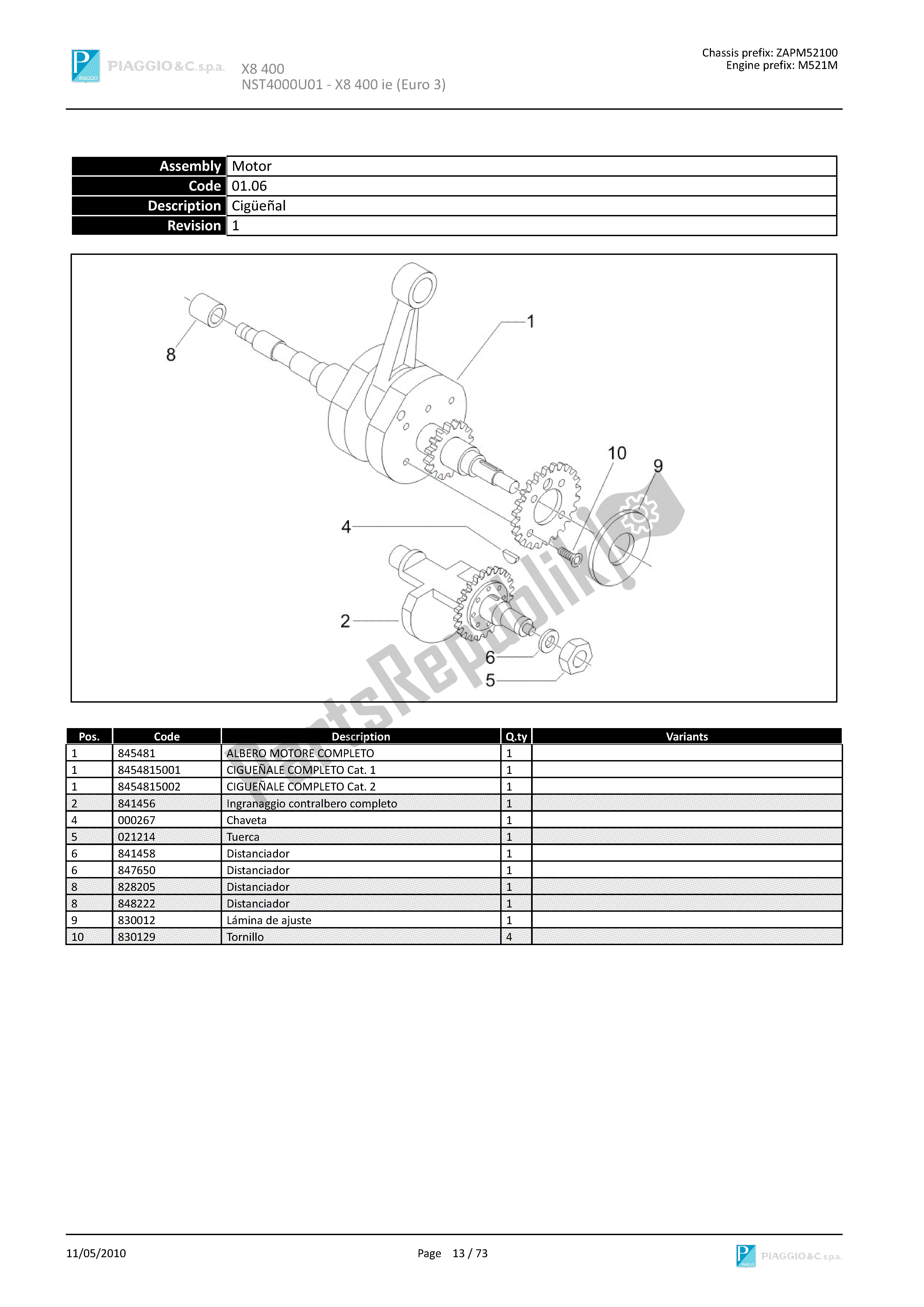 All parts for the Crankshaft of the Piaggio X8 400 2005 - 2008