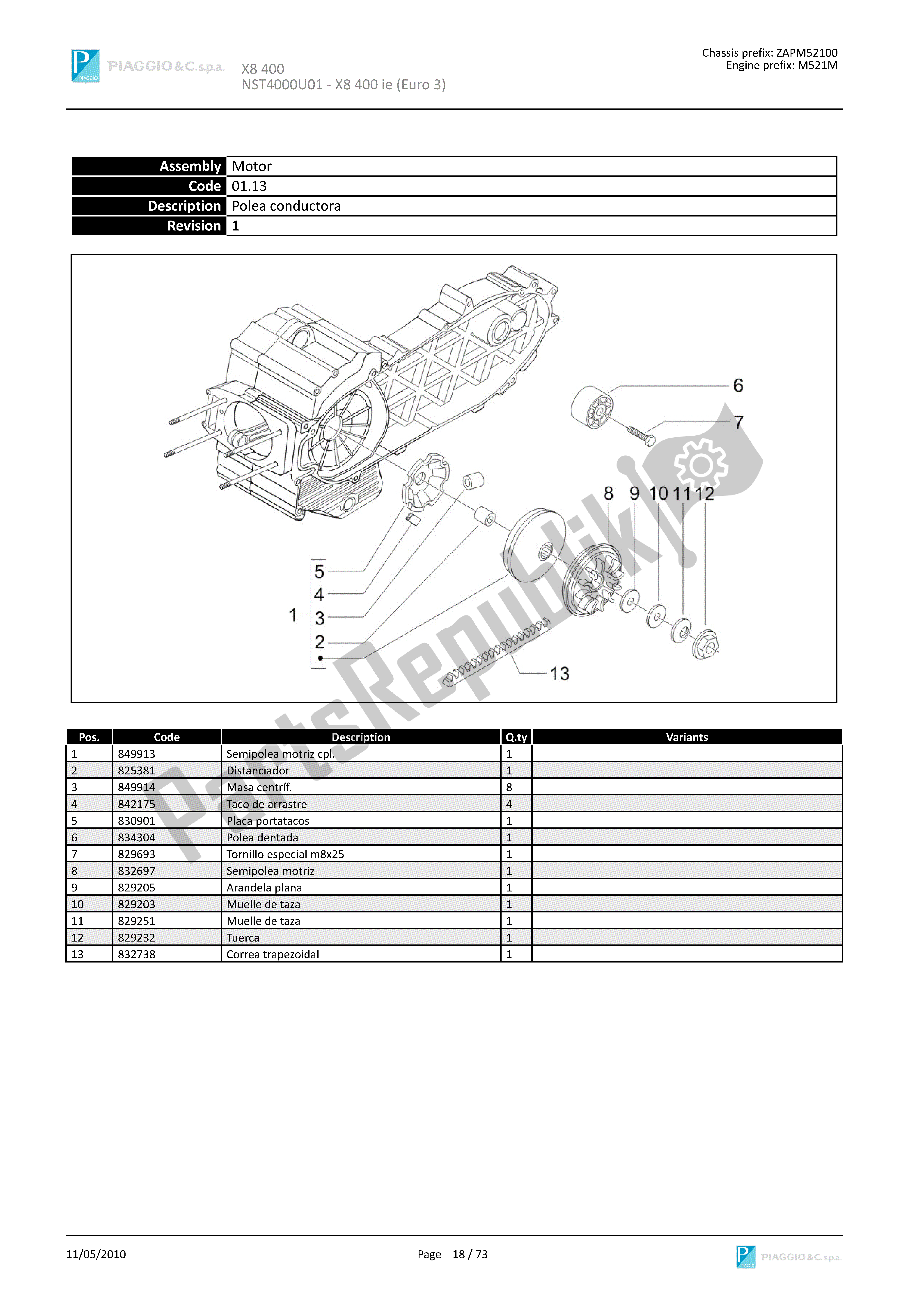 Tutte le parti per il Polea Conductora del Piaggio X8 400 2005 - 2008