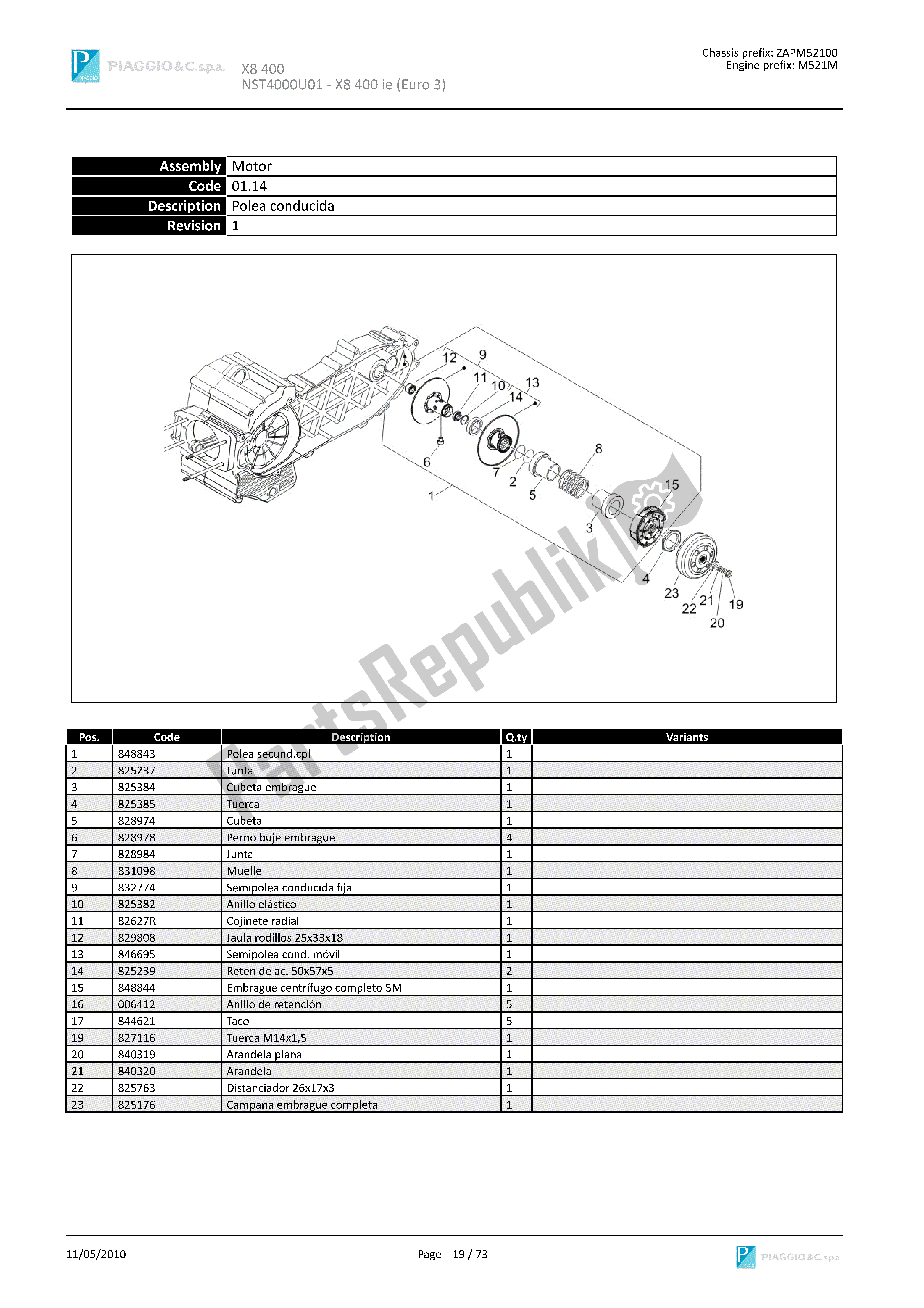 All parts for the Driven Pulley of the Piaggio X8 400 2005 - 2008
