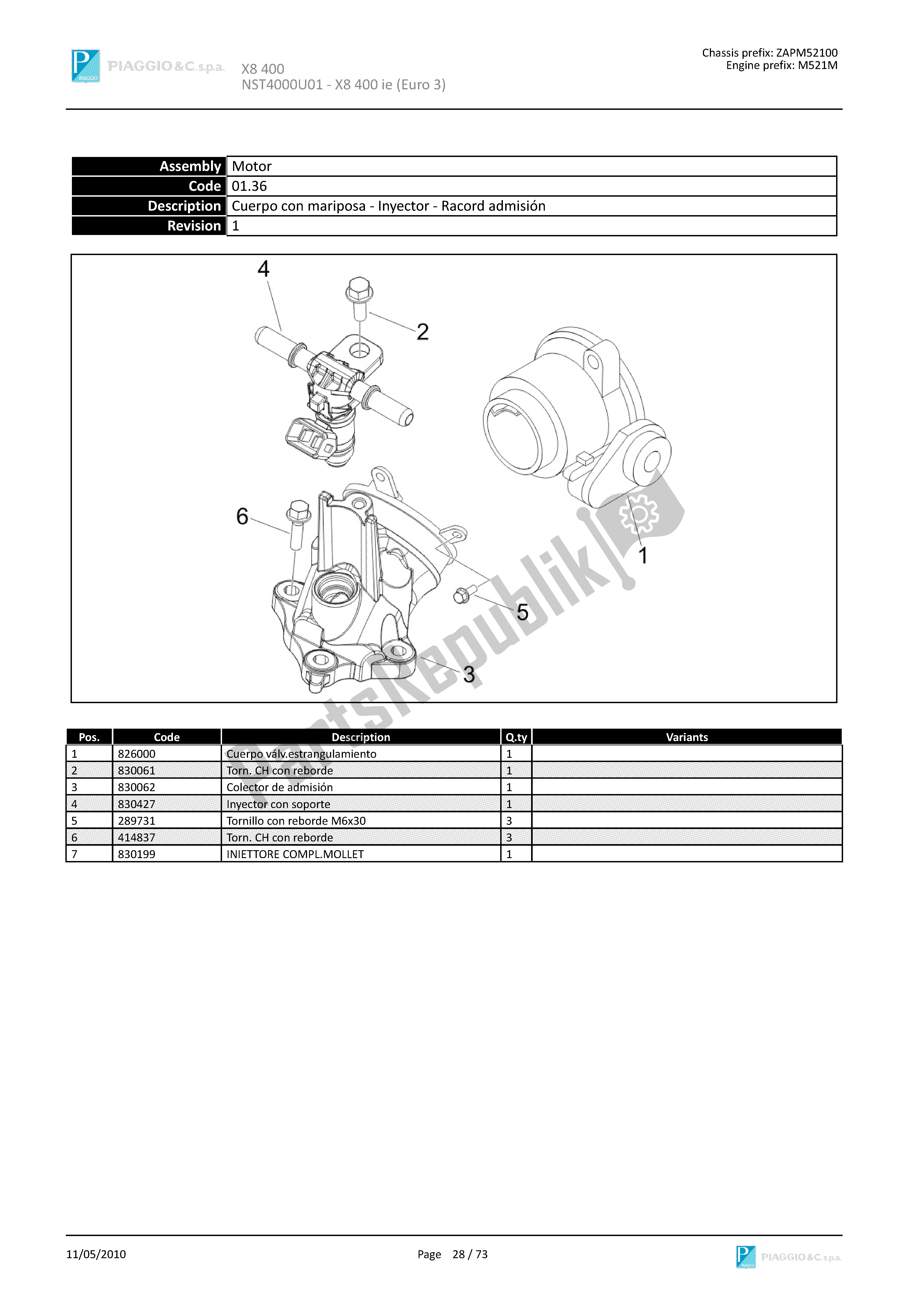 Todas las partes para Cuerpo Con Mariposa-inyector-racord Admisión de Piaggio X8 400 2005 - 2008