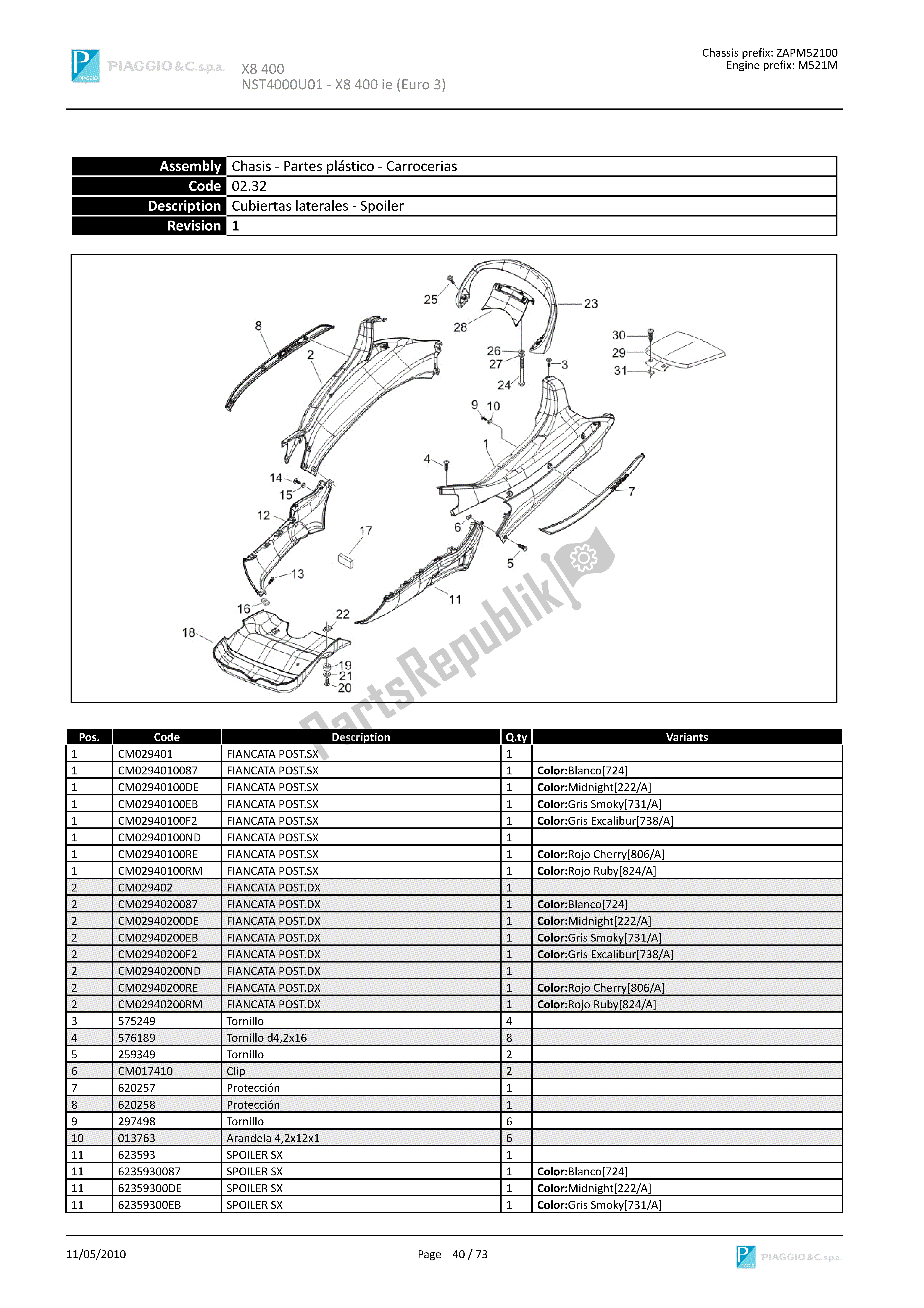 Tutte le parti per il Cubiertas Laterales-spoiler del Piaggio X8 400 2005 - 2008