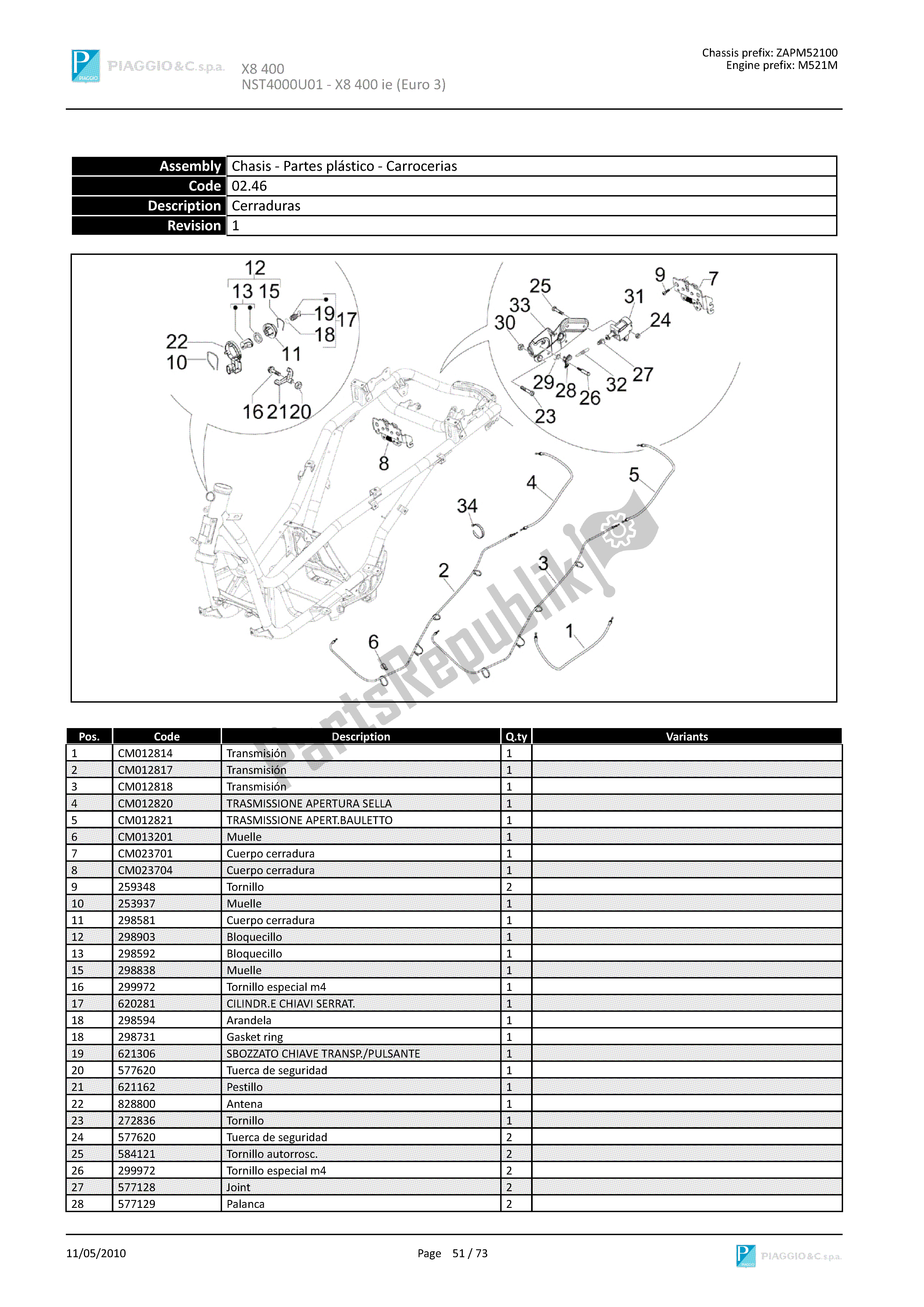 Alle onderdelen voor de Sloten van de Piaggio X8 400 2005 - 2008