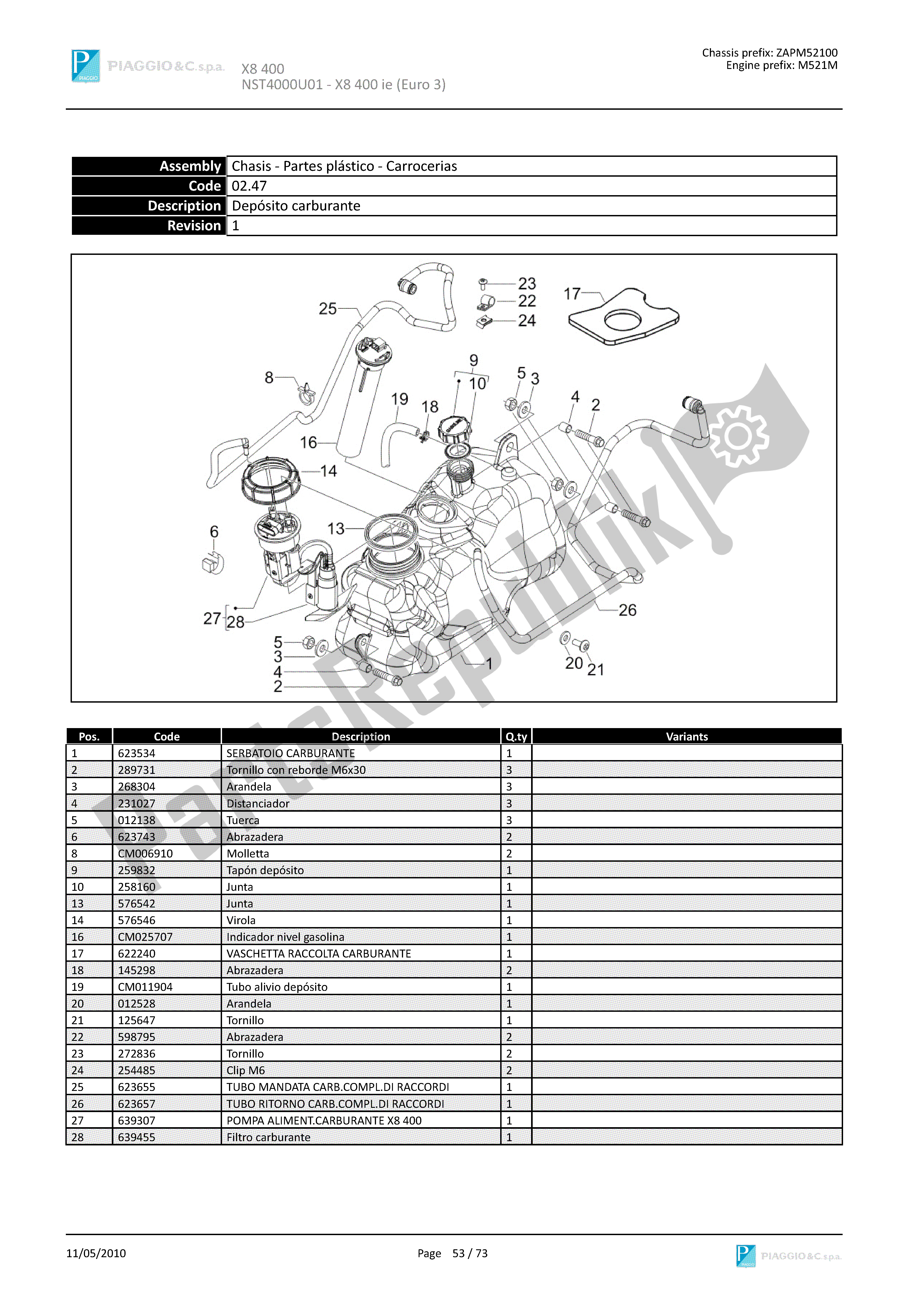 Tutte le parti per il Depósito Carburante del Piaggio X8 400 2005 - 2008